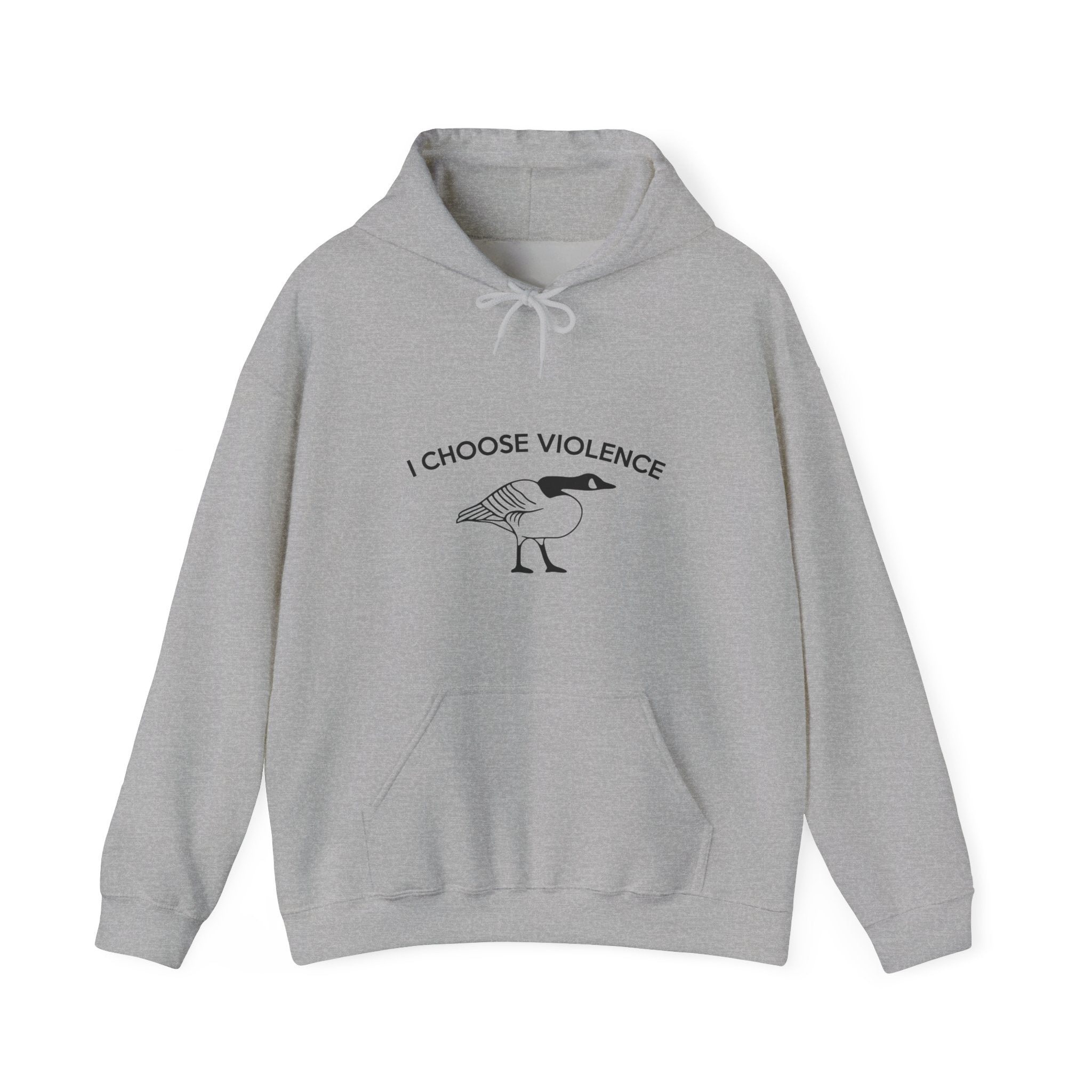 Gray hoodie with 'I Choose Violence' graphic on a white background