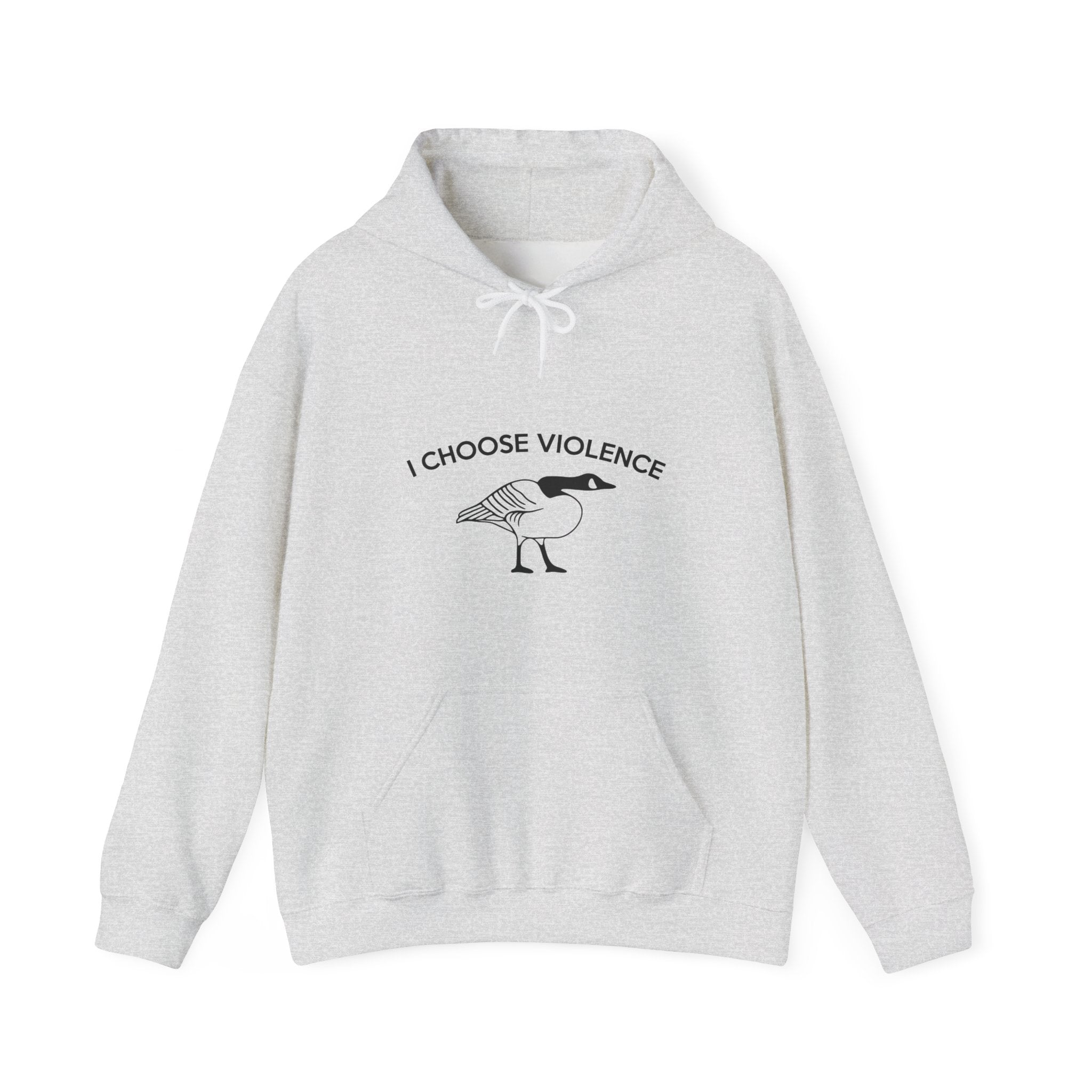 Gray hoodie with 'I Choose Violence' graphic on a white background