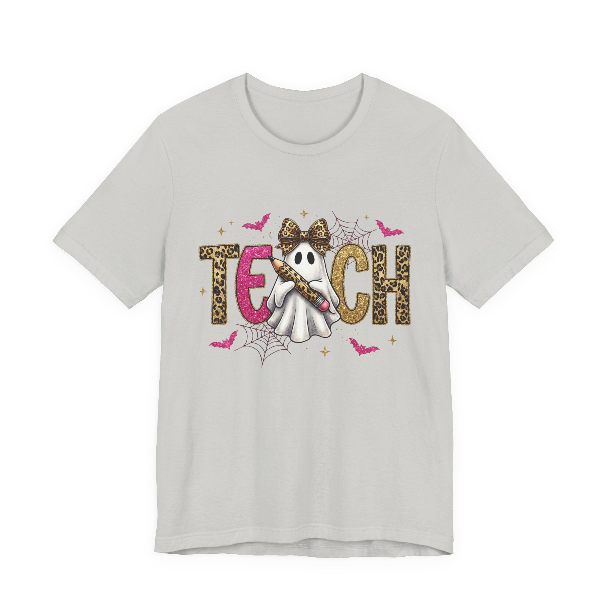 Gray t-shirt with Halloween-themed design featuring a skeleton holding a candy corn and the word 'TEACH'.
