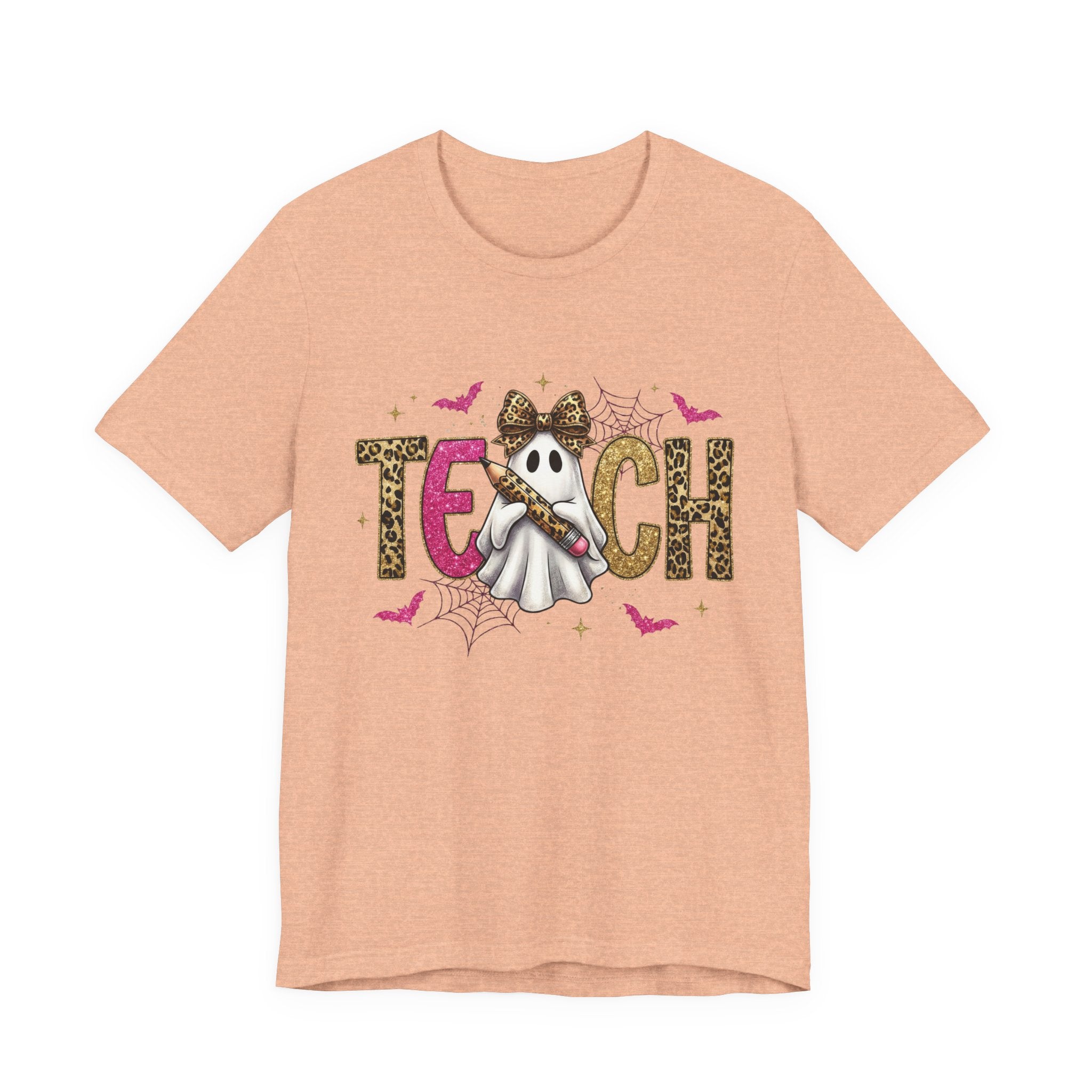 Peach t-shirt with 'TEACH' text and ghost graphic on a white background