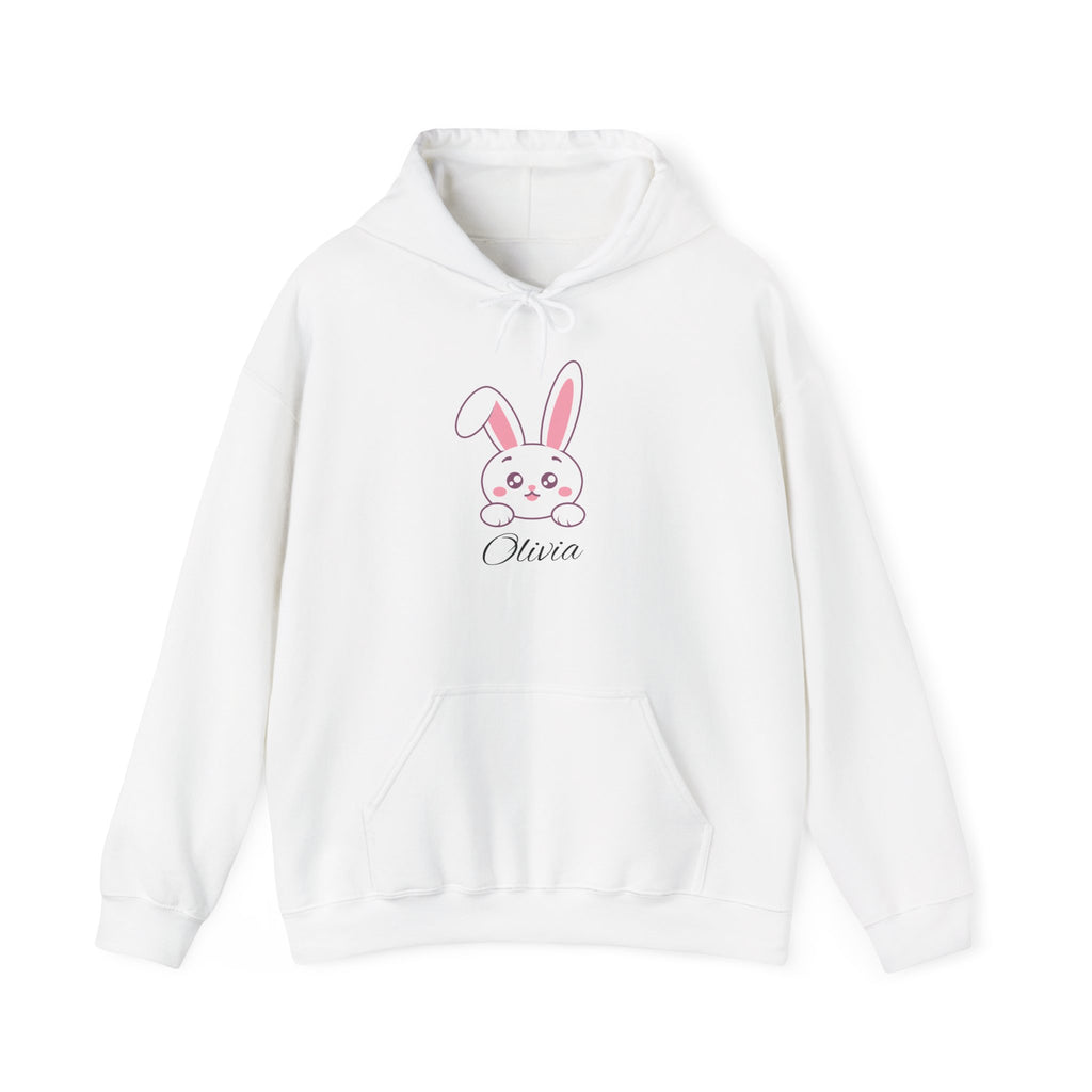 White hoodie with a pink bunny graphic and 'Olivia' text on a white background