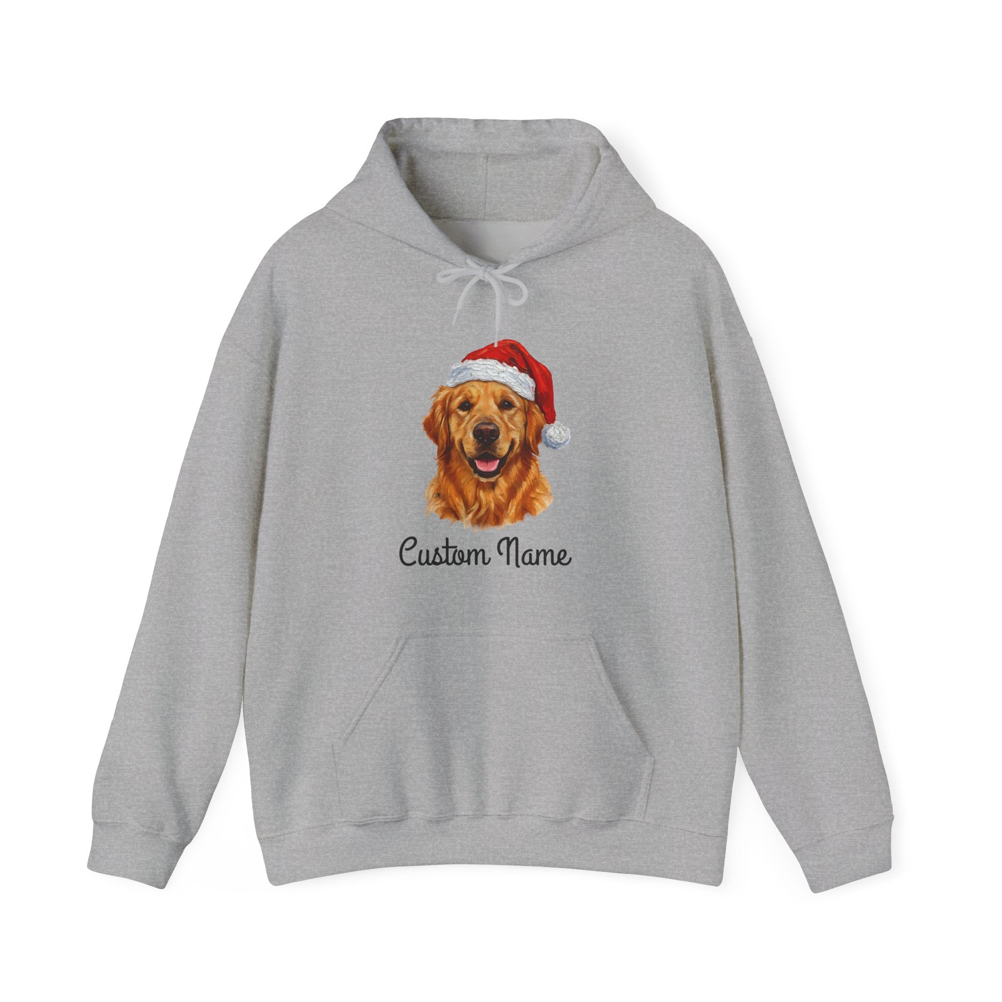 Gray hoodie with a dog wearing a Santa hat and 'Custom Name' text on a white background