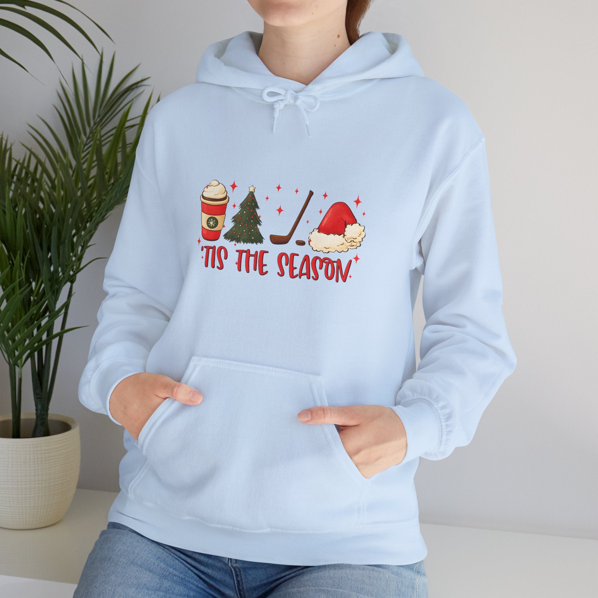 Tis The Season Holiday Hoodie – Christmas Icons (Coffee, Tree, Santa Hat)