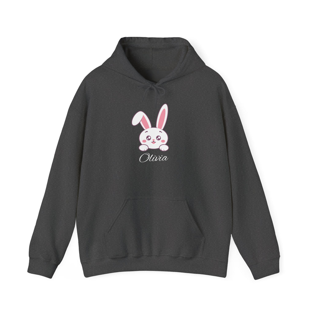Black hoodie with a cartoon bunny and 'Olivia' text on a white background