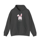 Black hoodie with a cartoon bunny and 'Olivia' text on a white background