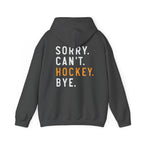 Gray hoodie with text 'Sorry. Can't. Hockey. Bye.' on the back against a white background