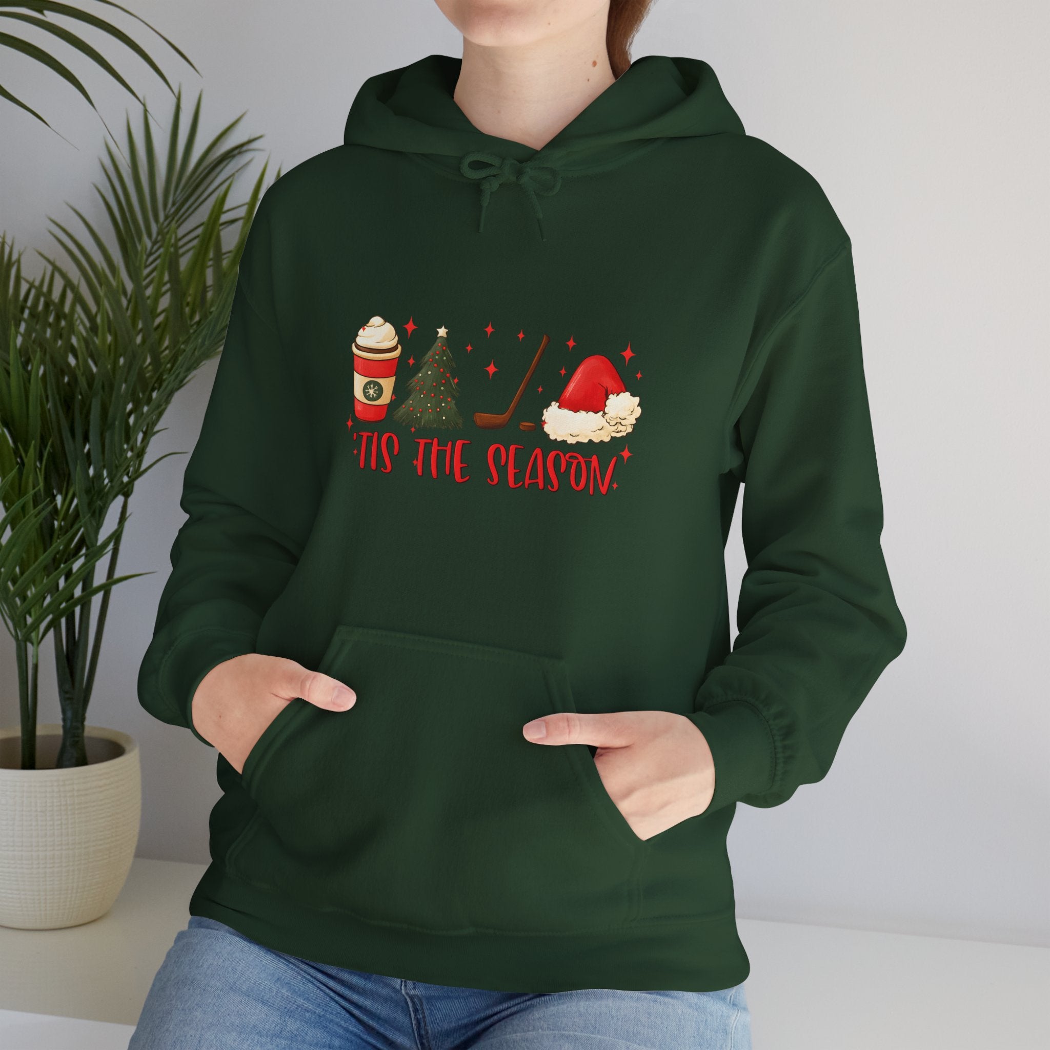 Tis The Season Holiday Hoodie – Christmas Icons (Coffee, Tree, Santa Hat)