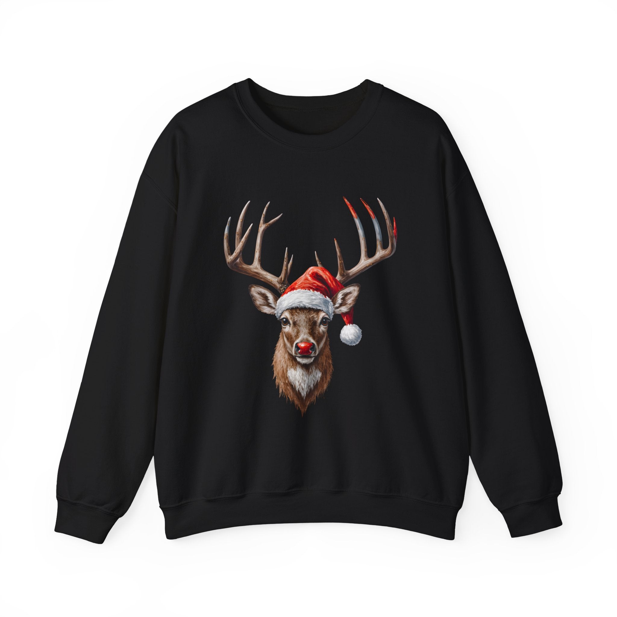 Christmas Reindeer Crewneck Sweatshirt – Santa Hat & Red Nose Holiday Sweater