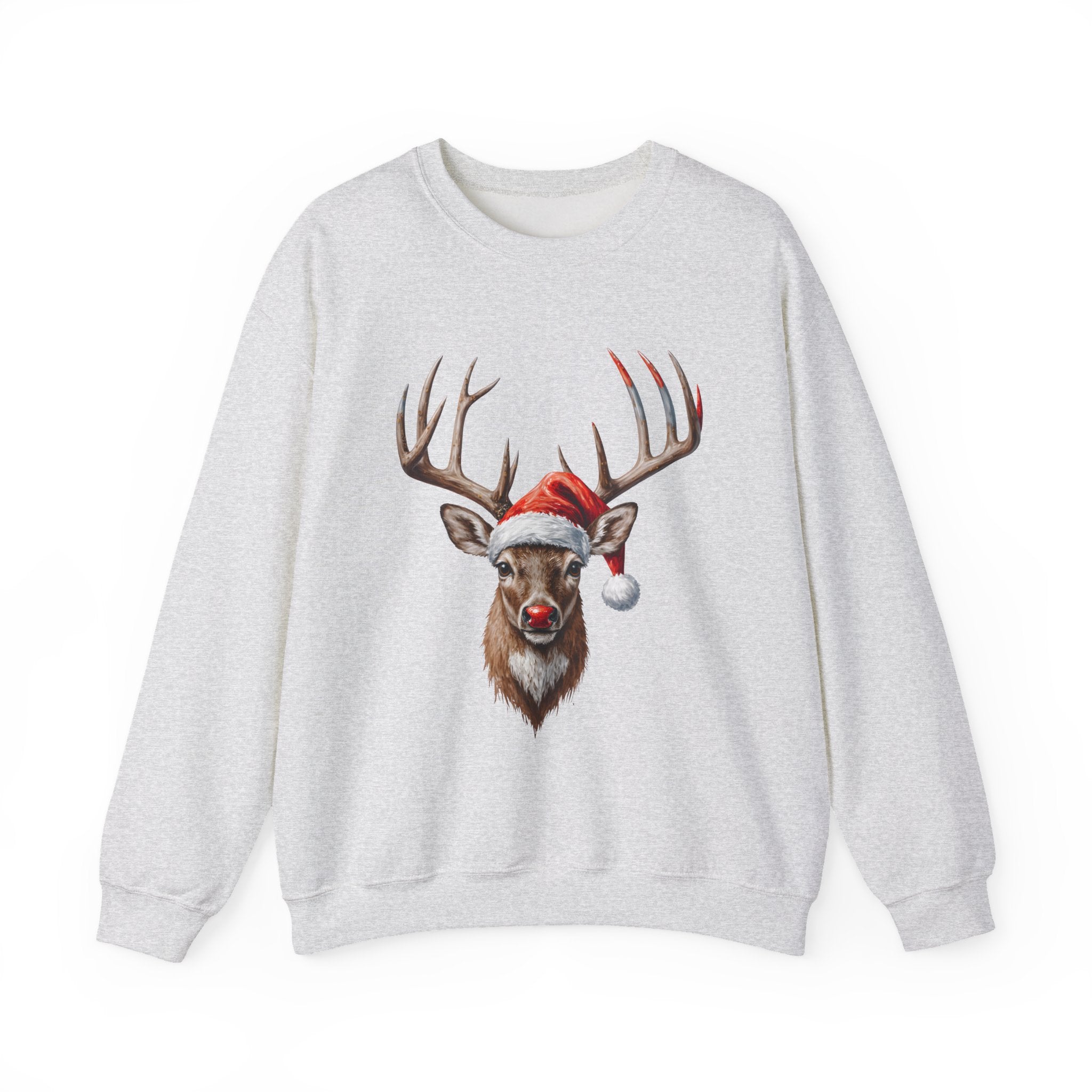 Christmas Reindeer Crewneck Sweatshirt – Santa Hat & Red Nose Holiday Sweater