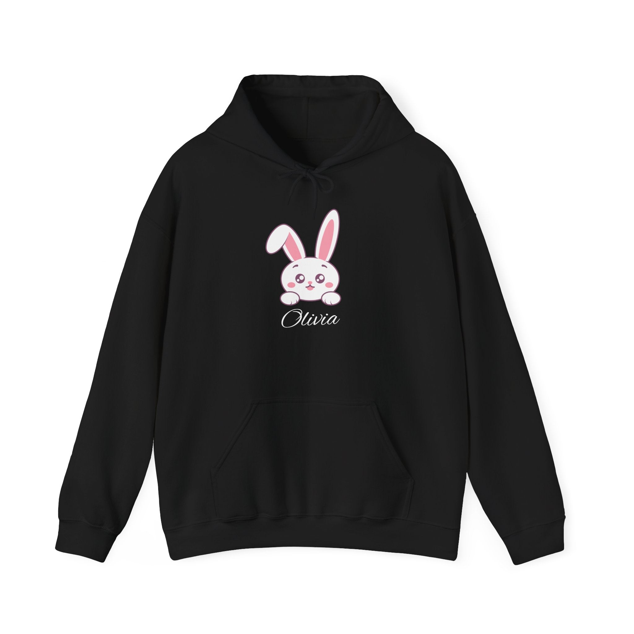 Black hoodie with a cartoon bunny and 'Olivia' text on a white background