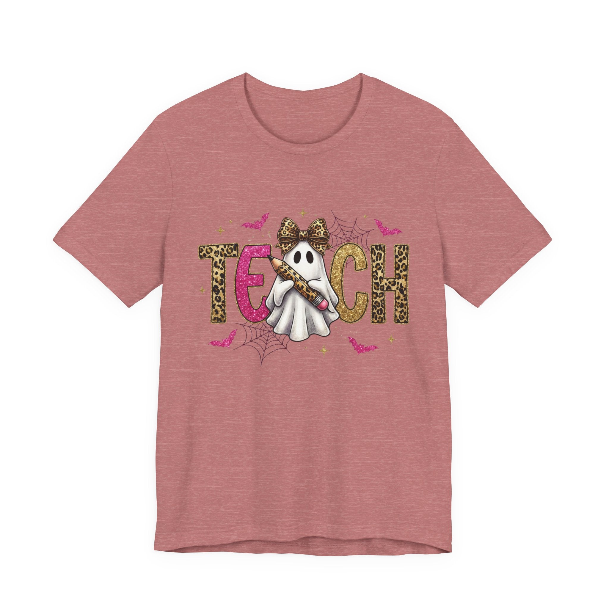 Pink t-shirt with a ghost and 'TECH' text design on a white background