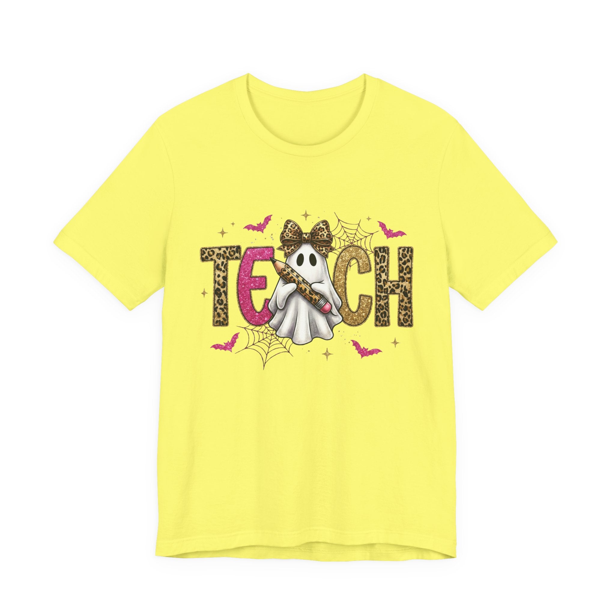 Yellow t-shirt with a Halloween-themed design featuring the word 'TEACH' and a ghost.