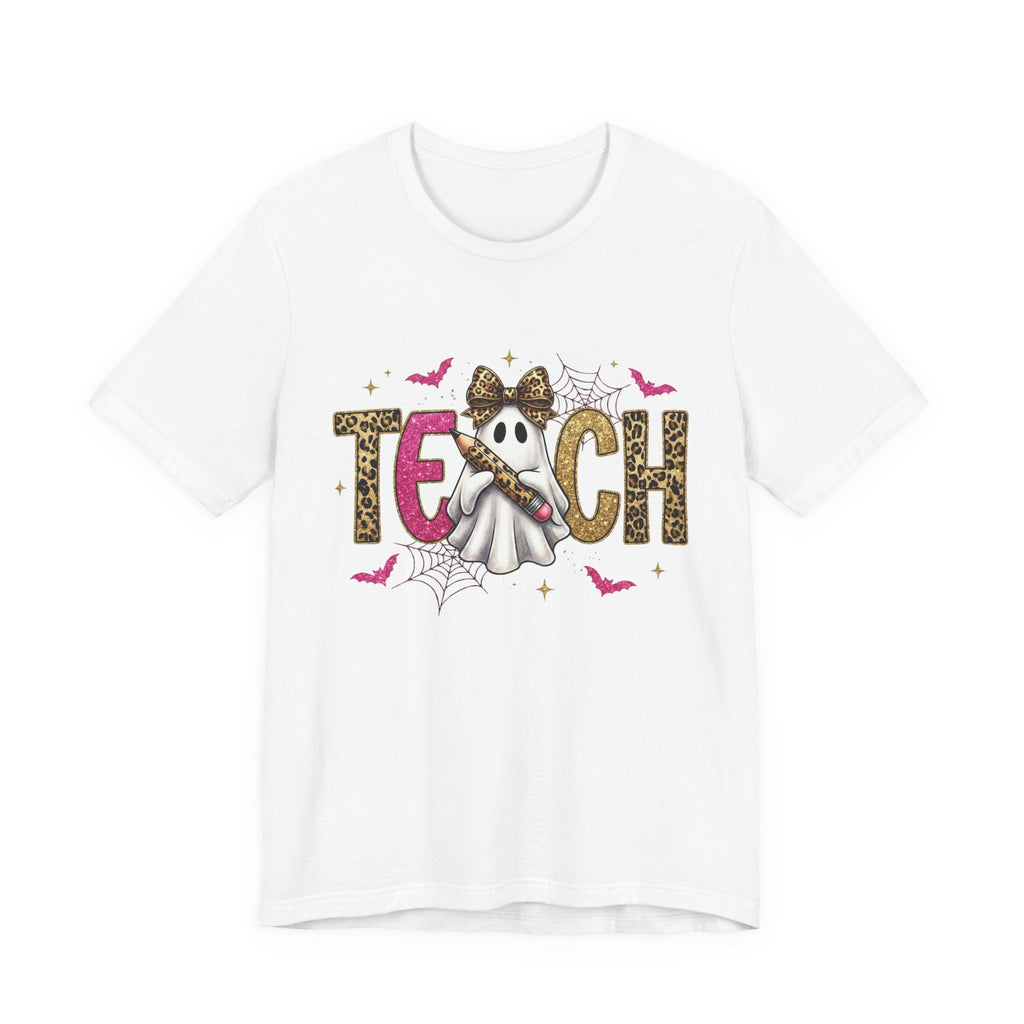 White t-shirt with Halloween-themed design featuring a ghost, candy corn, and the word 'TEACH'.