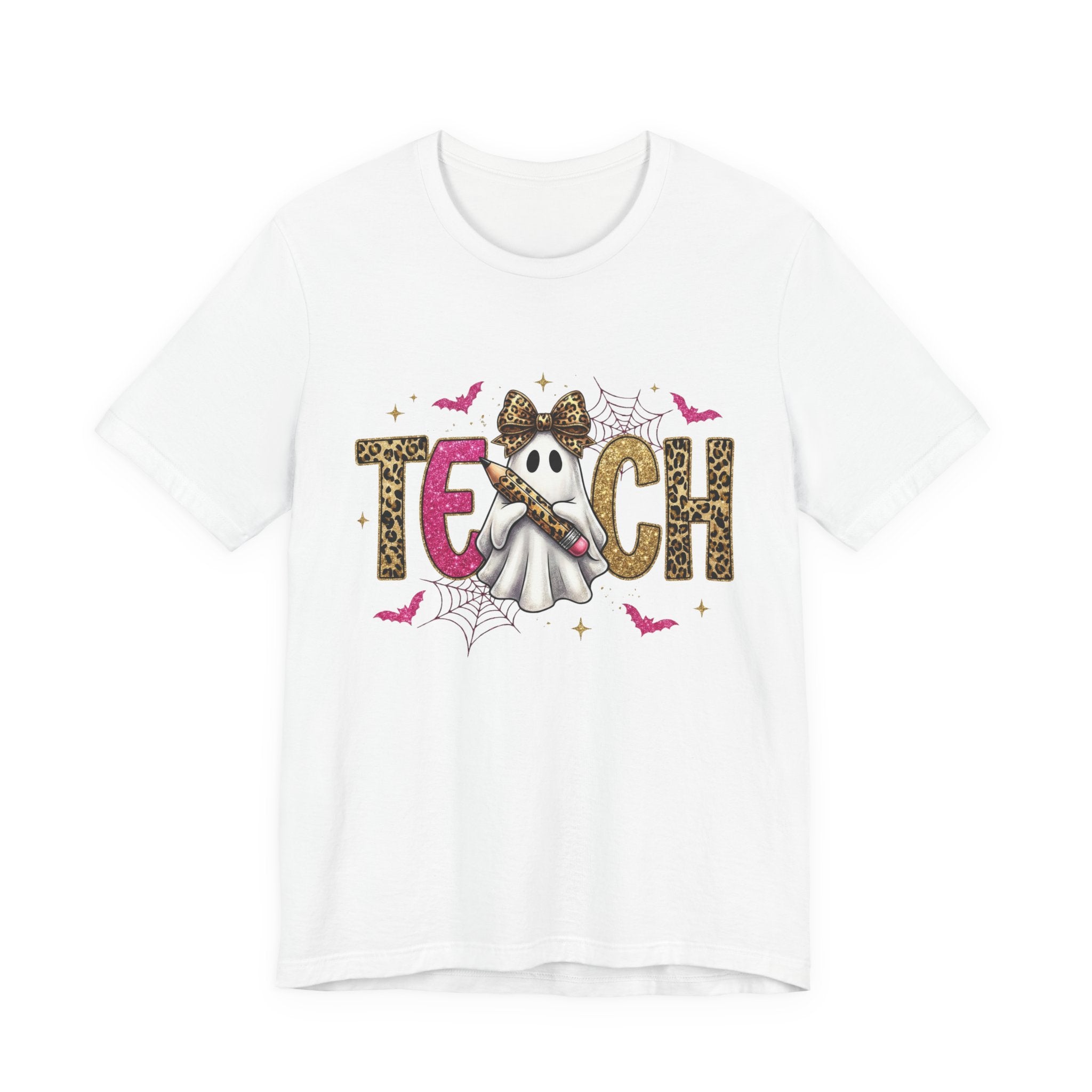 White t-shirt with Halloween-themed design featuring a ghost, candy corn, and the word 'TEACH'.