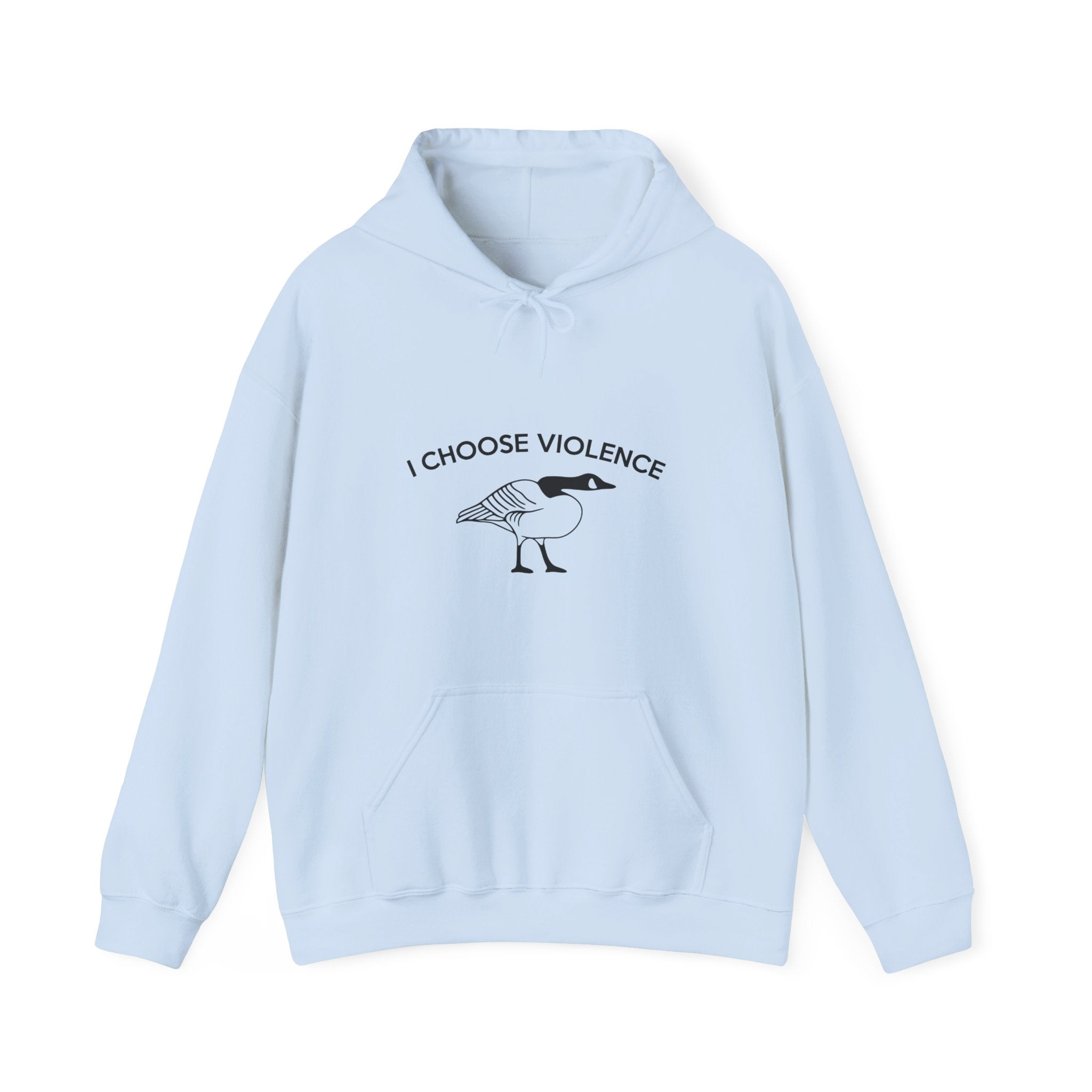 Light blue hoodie with graphic design and text on a white background