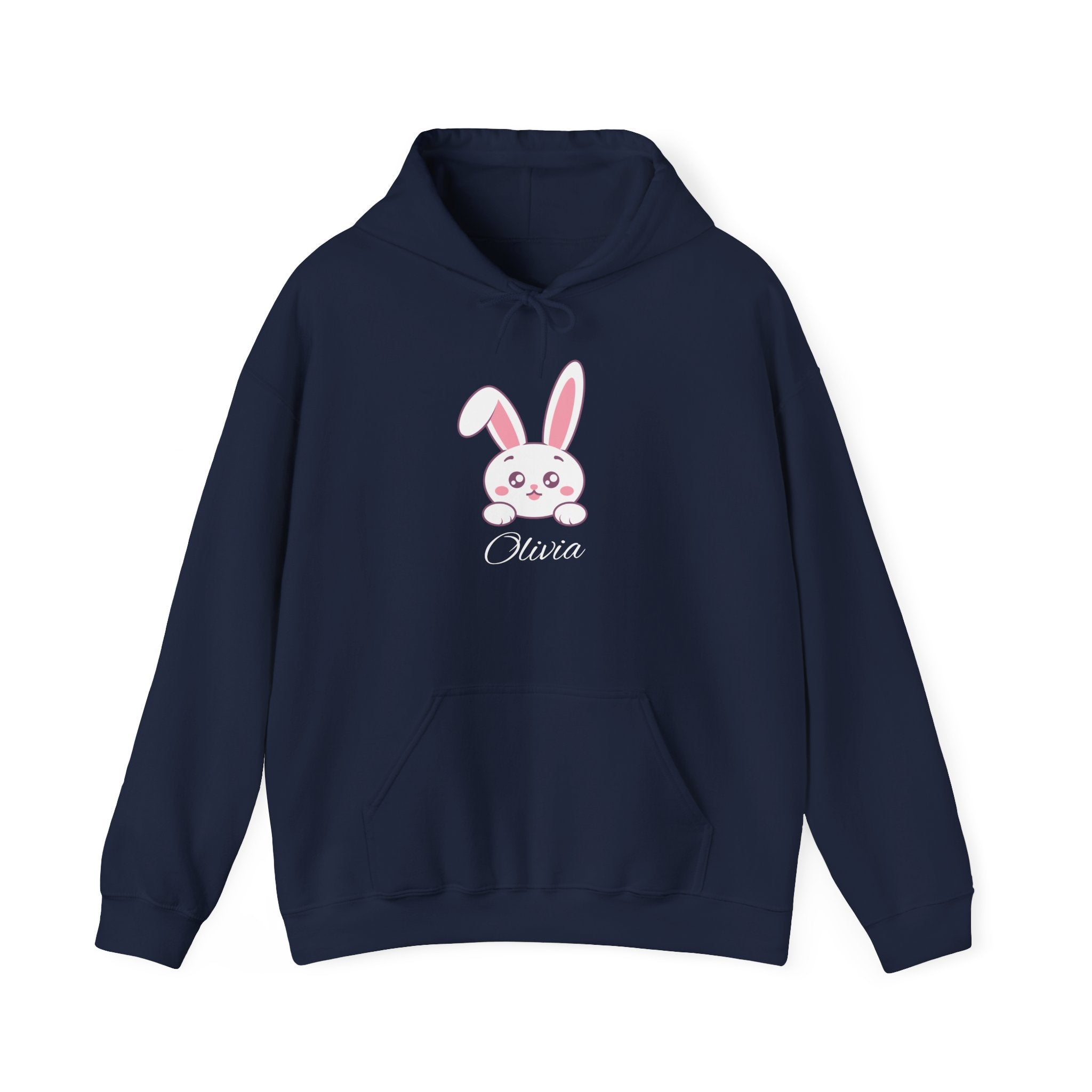 Navy blue hoodie with a cartoon bunny and 'Olivia' text on a white background
