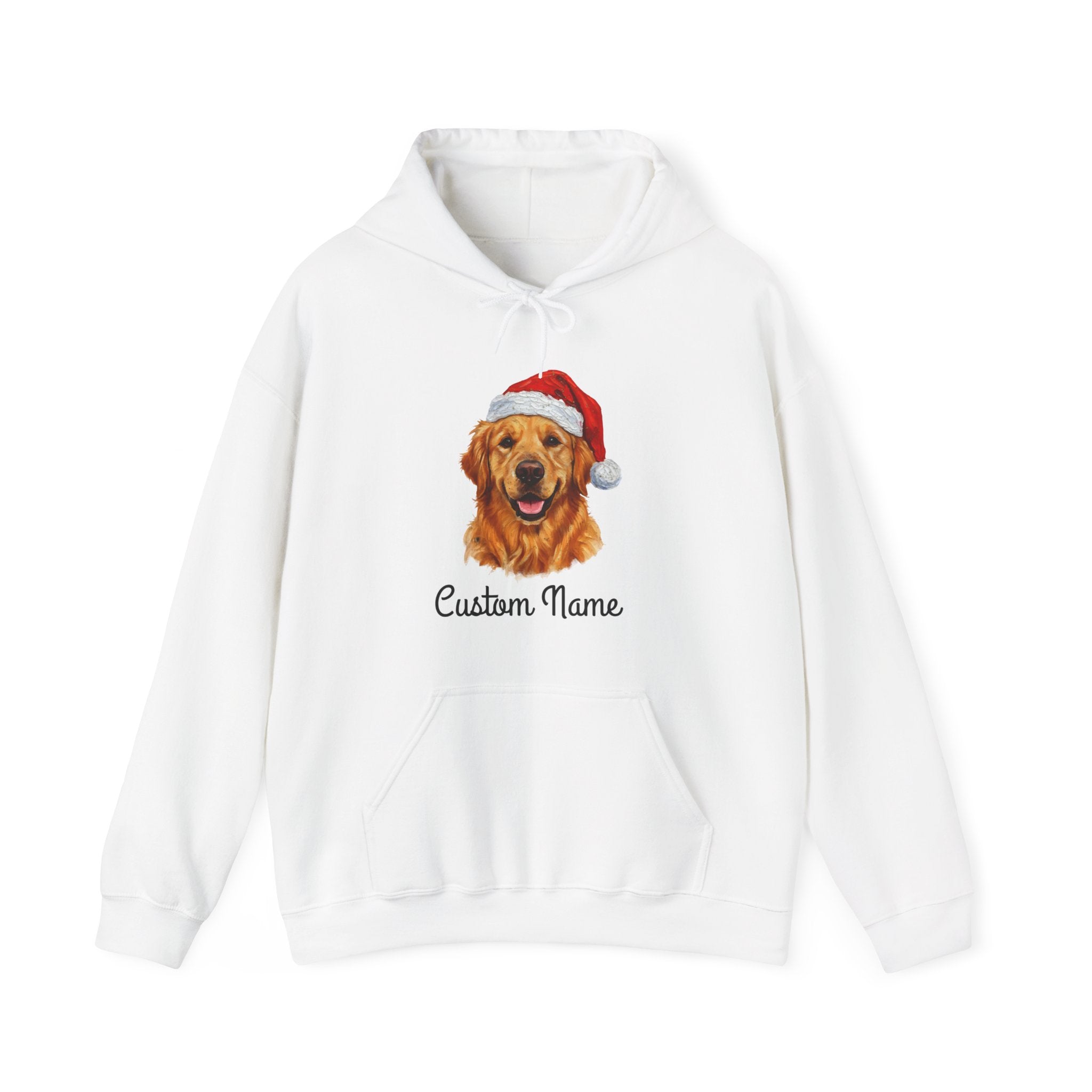 White hoodie with a dog wearing a Santa hat and 'Custom Name' text on a white background