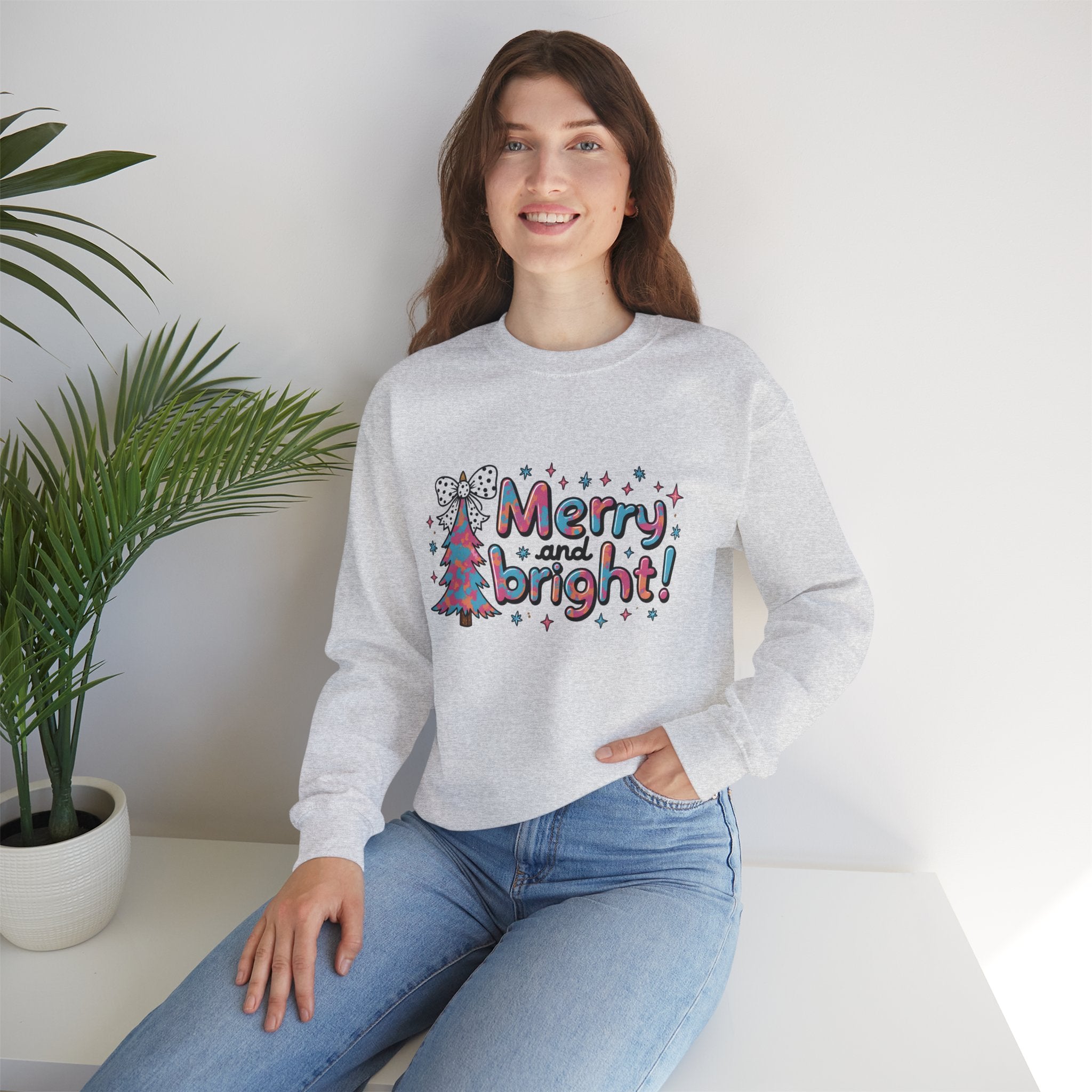 Merry and Bright Christmas Sweatshirt – Festive Holiday Design with Christmas Tree