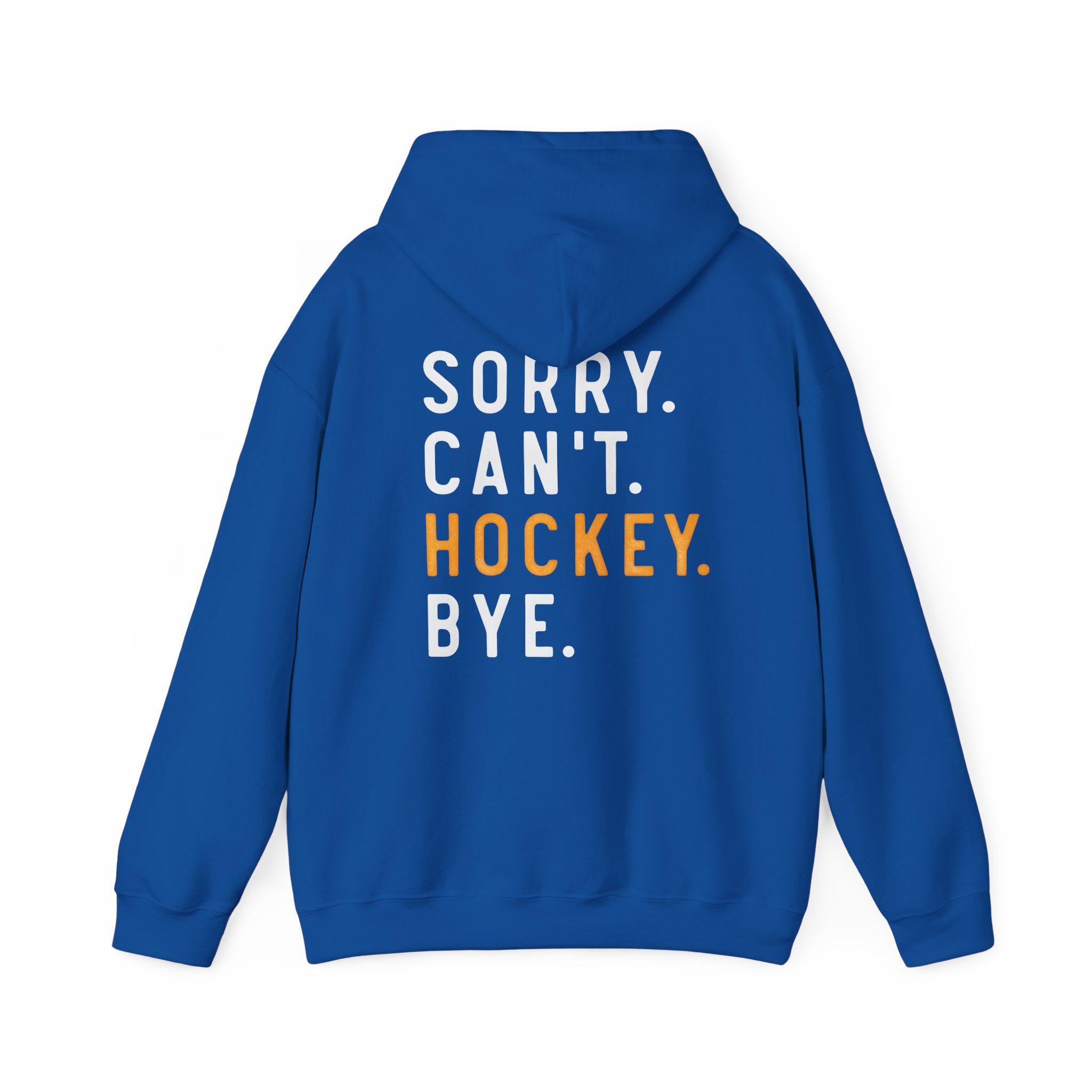 Blue hoodie with text 'SORRY. CAN'T. HOCKEY. BYE.' on the back against a white background