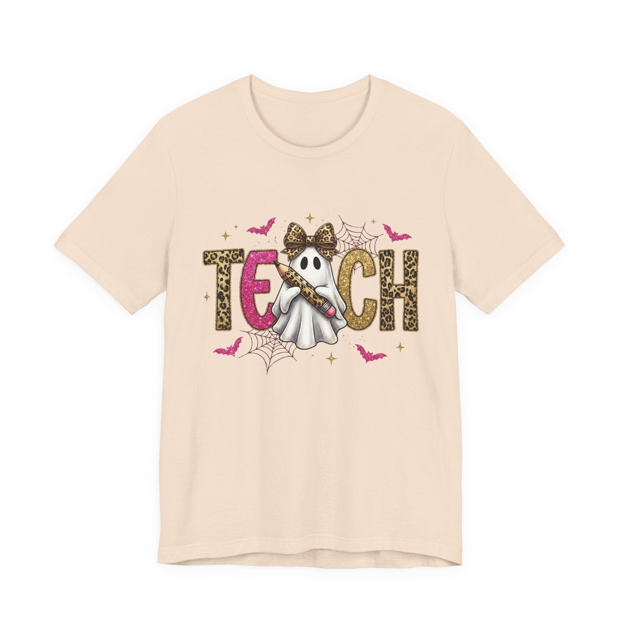 Beige t-shirt with Halloween-themed design featuring the word 'TEACH' on a white background