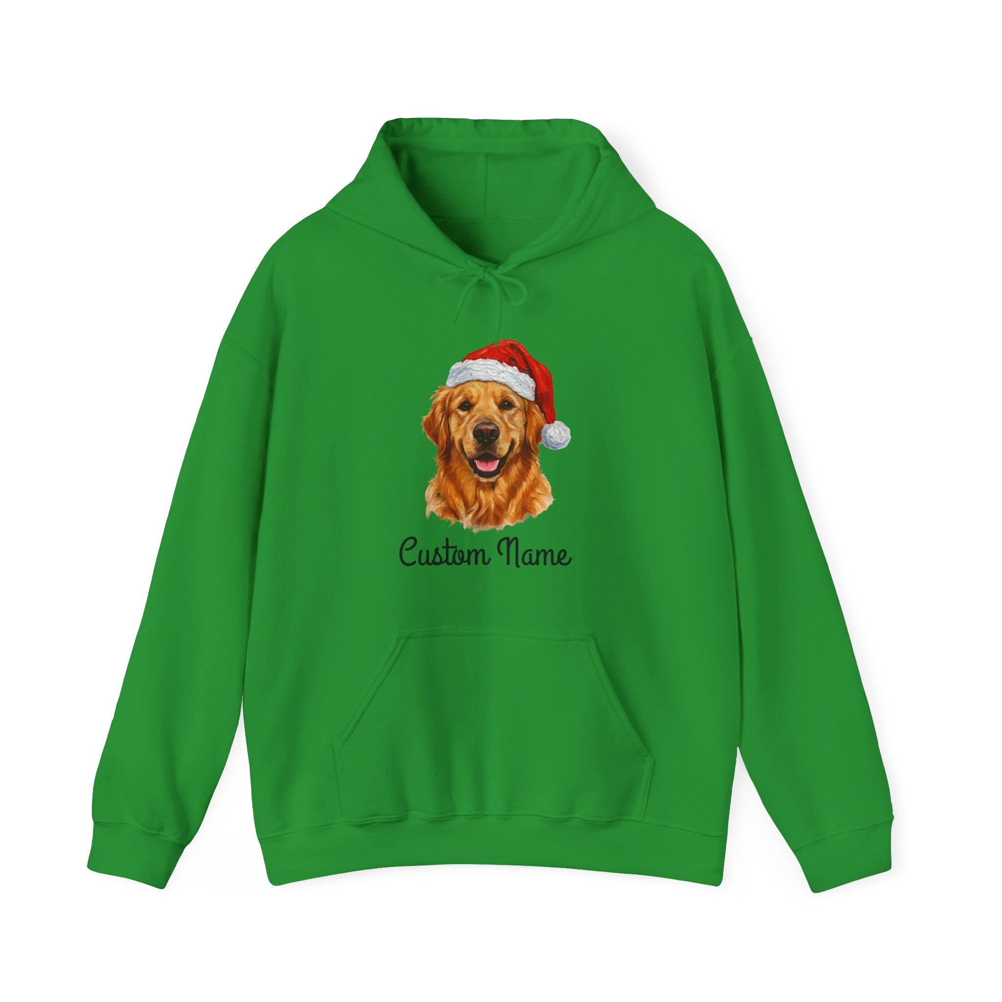 Green hoodie with a dog wearing a Santa hat and 'Custom Name' text on a white background