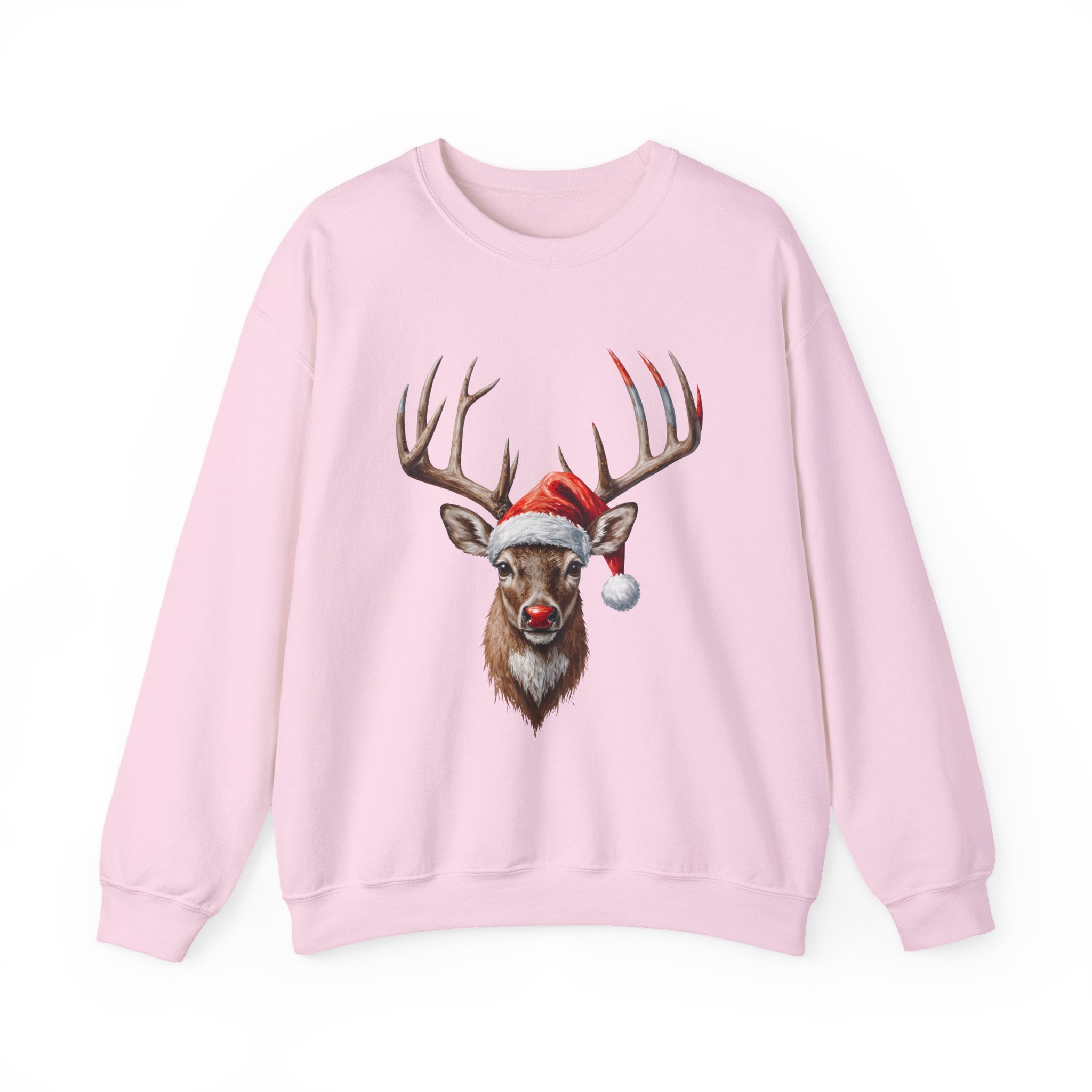 Christmas Reindeer Crewneck Sweatshirt – Santa Hat & Red Nose Holiday Sweater