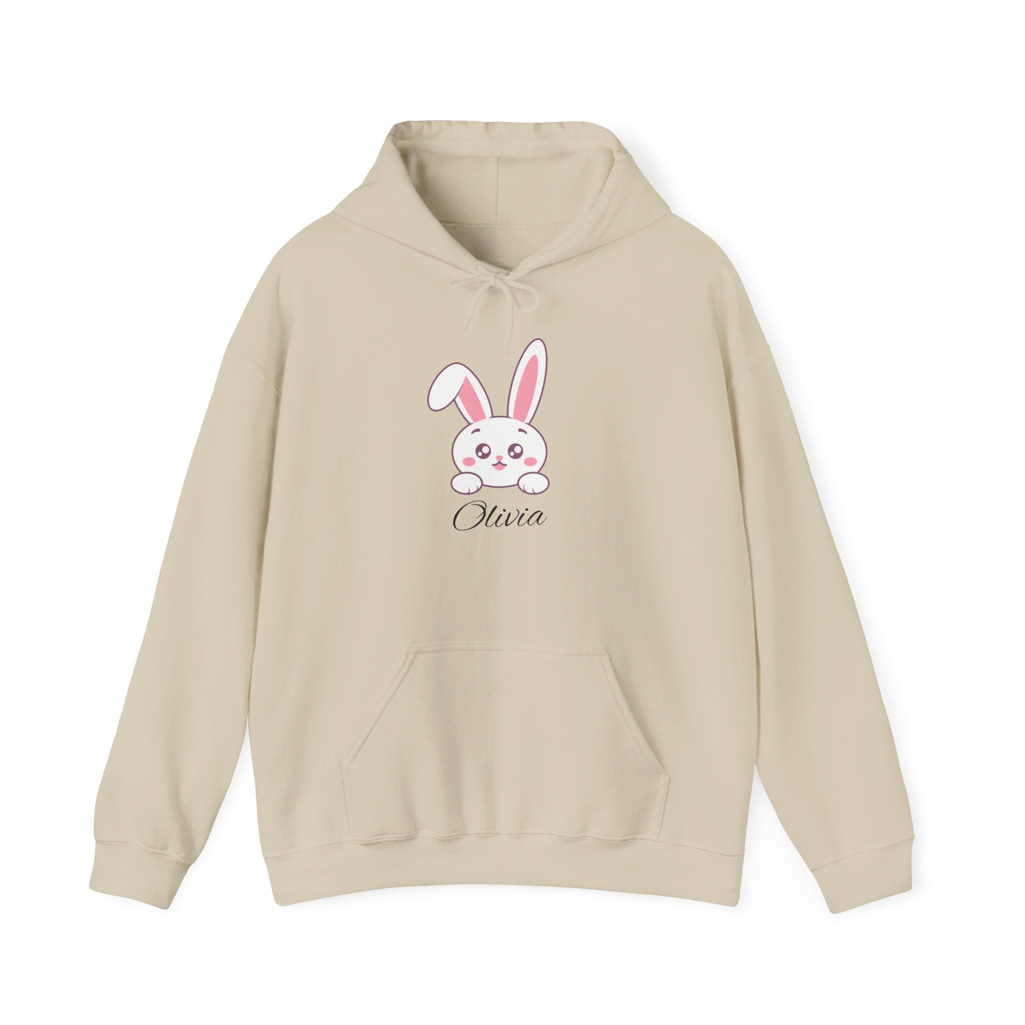 Beige hoodie with a cartoon bunny and 'Olivia' text on a white background