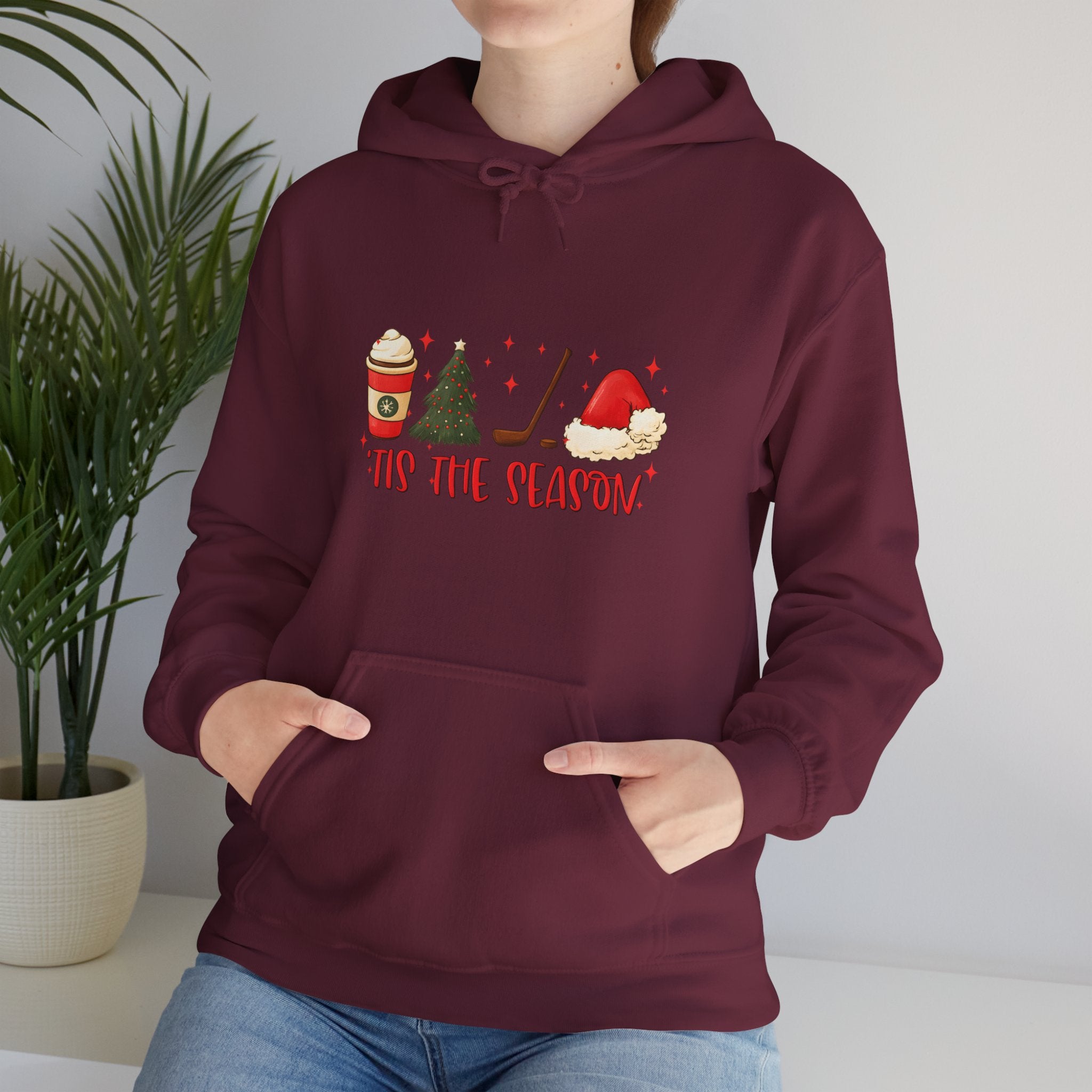 Tis The Season Holiday Hoodie – Christmas Icons (Coffee, Tree, Santa Hat)