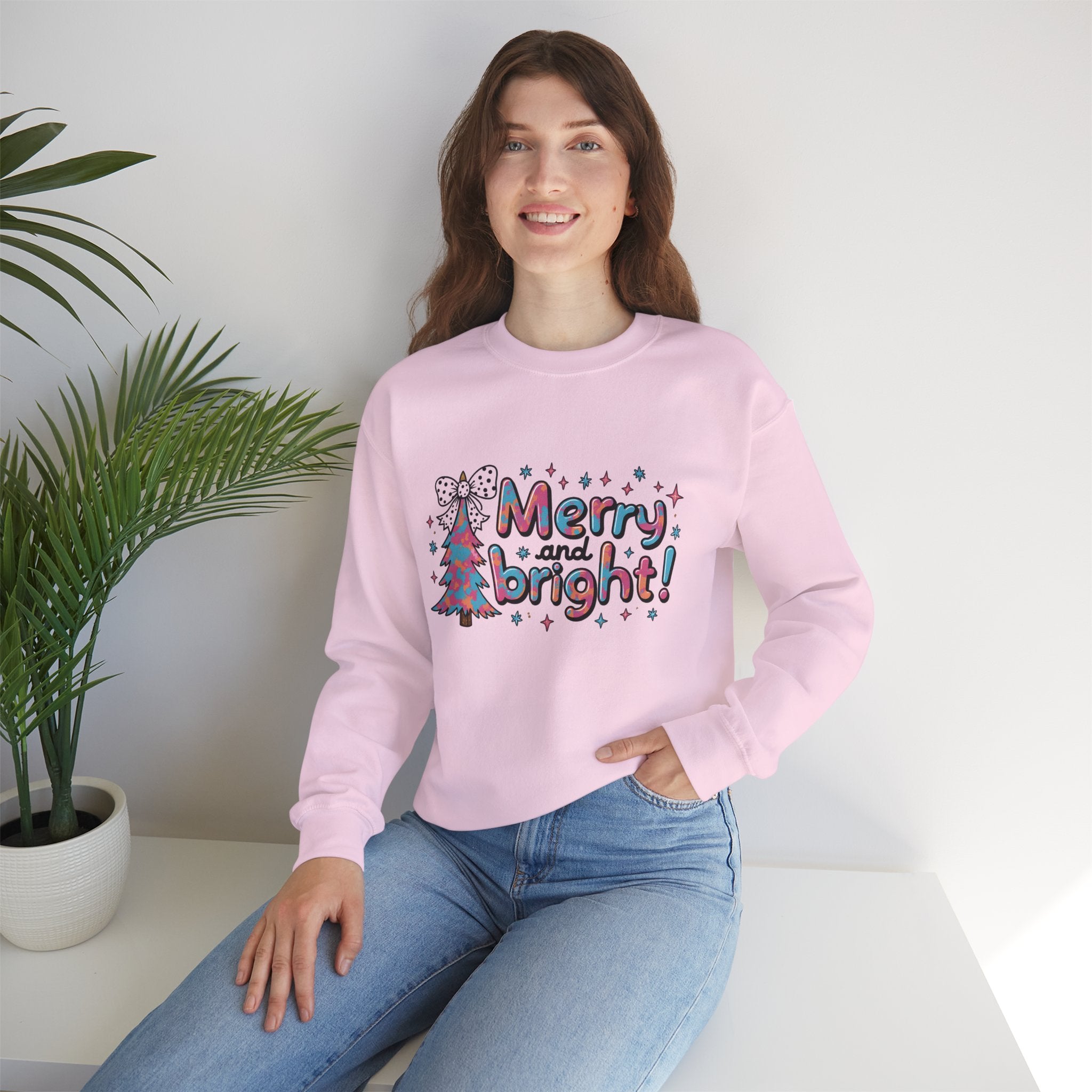 Merry and Bright Christmas Sweatshirt – Festive Holiday Design with Christmas Tree
