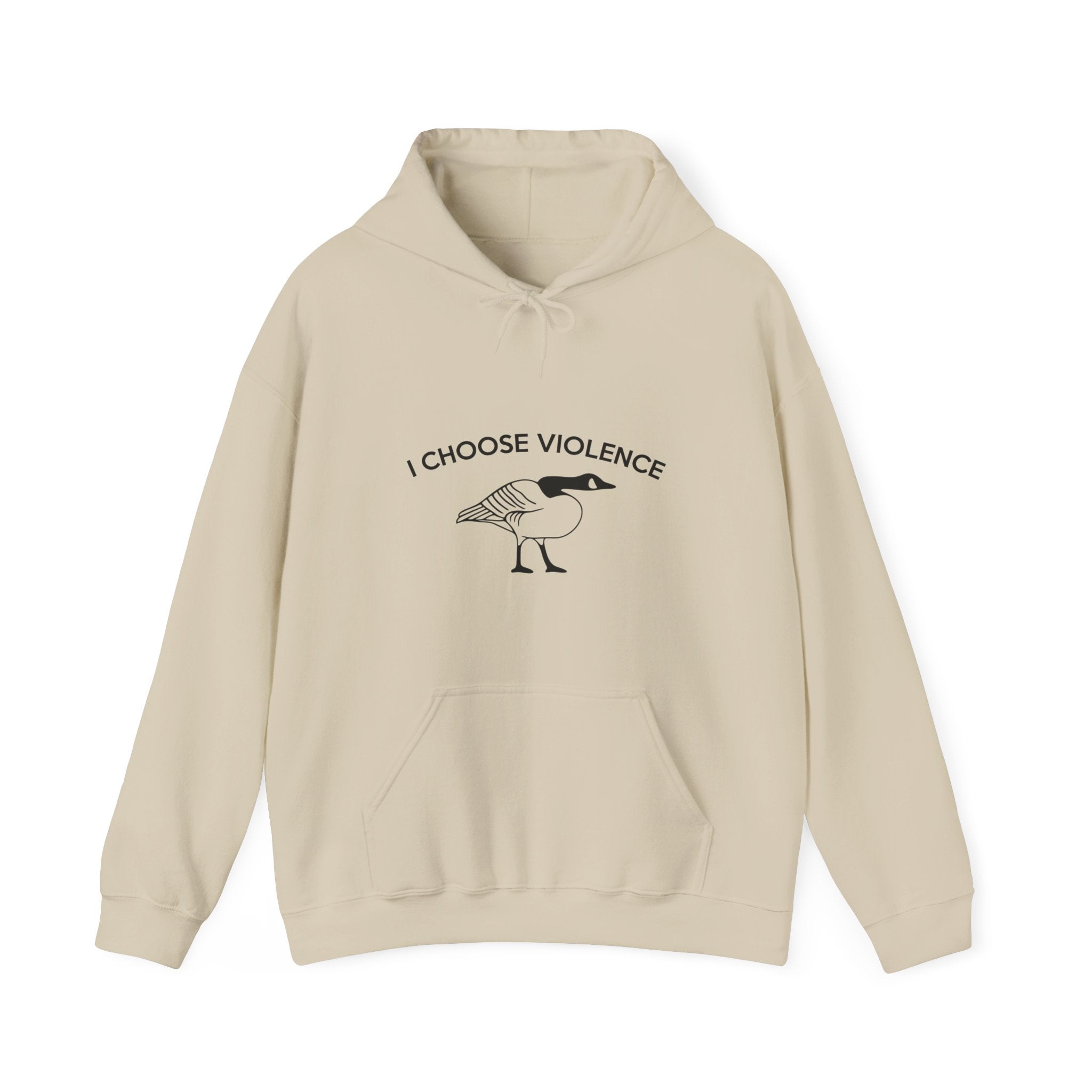 Beige hoodie with graphic design and text on a white background