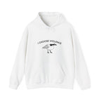 White hoodie with 'I Choose Violence' graphic on a white background