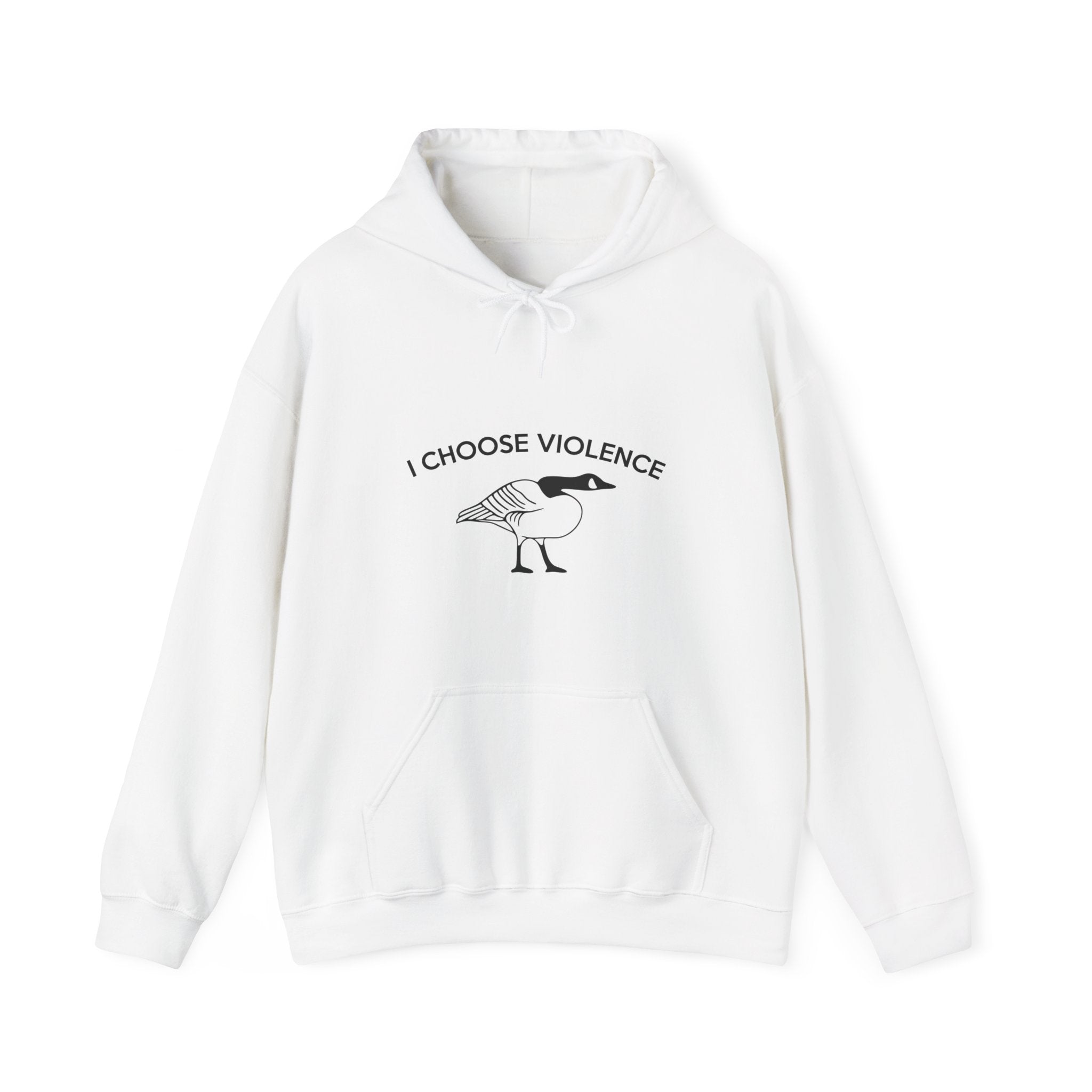 White hoodie with 'I Choose Violence' graphic on a white background