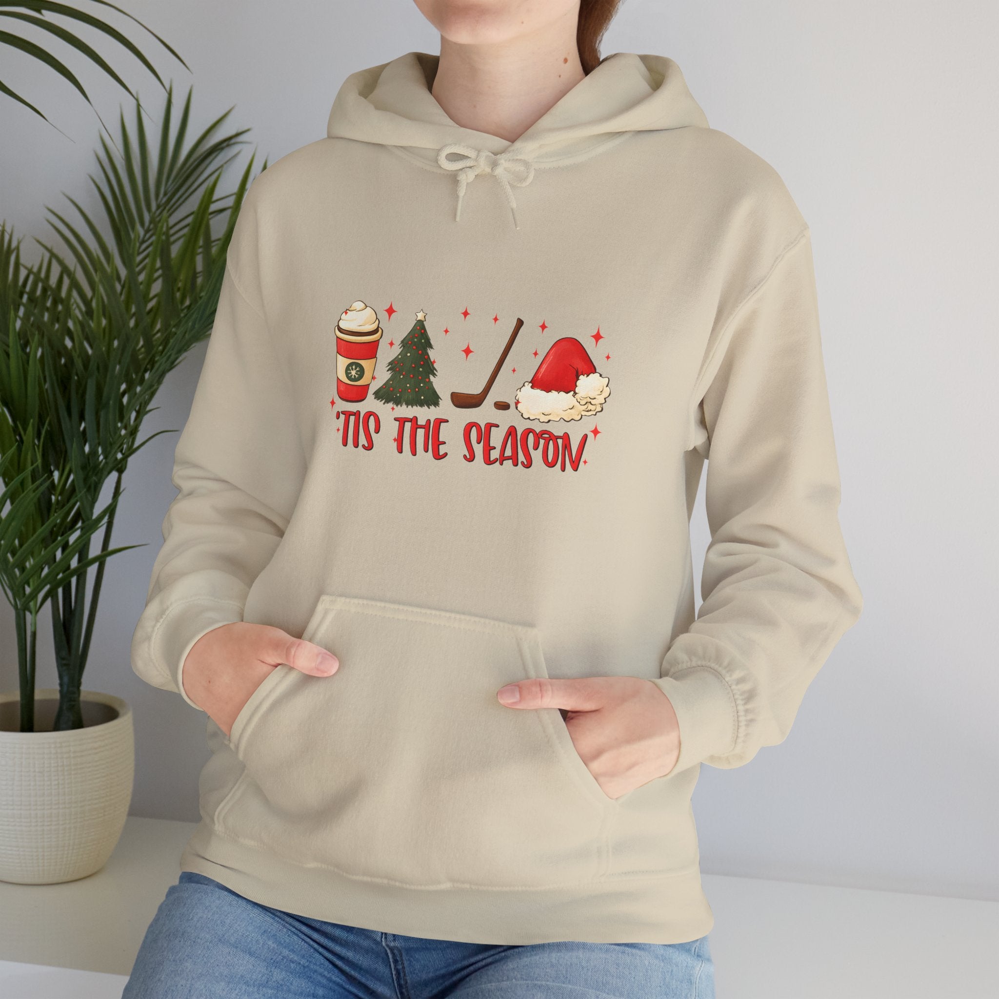 Tis The Season Holiday Hoodie – Christmas Icons (Coffee, Tree, Santa Hat)