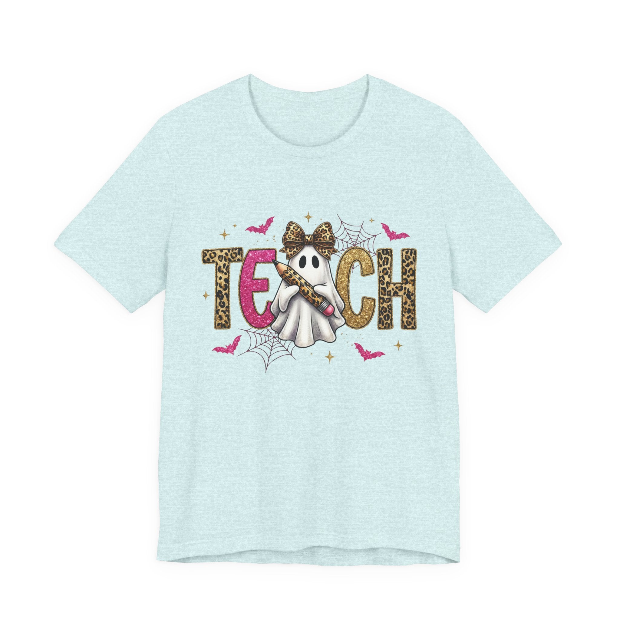 Light blue t-shirt with 'TEACH' text and skeleton design on a white background
