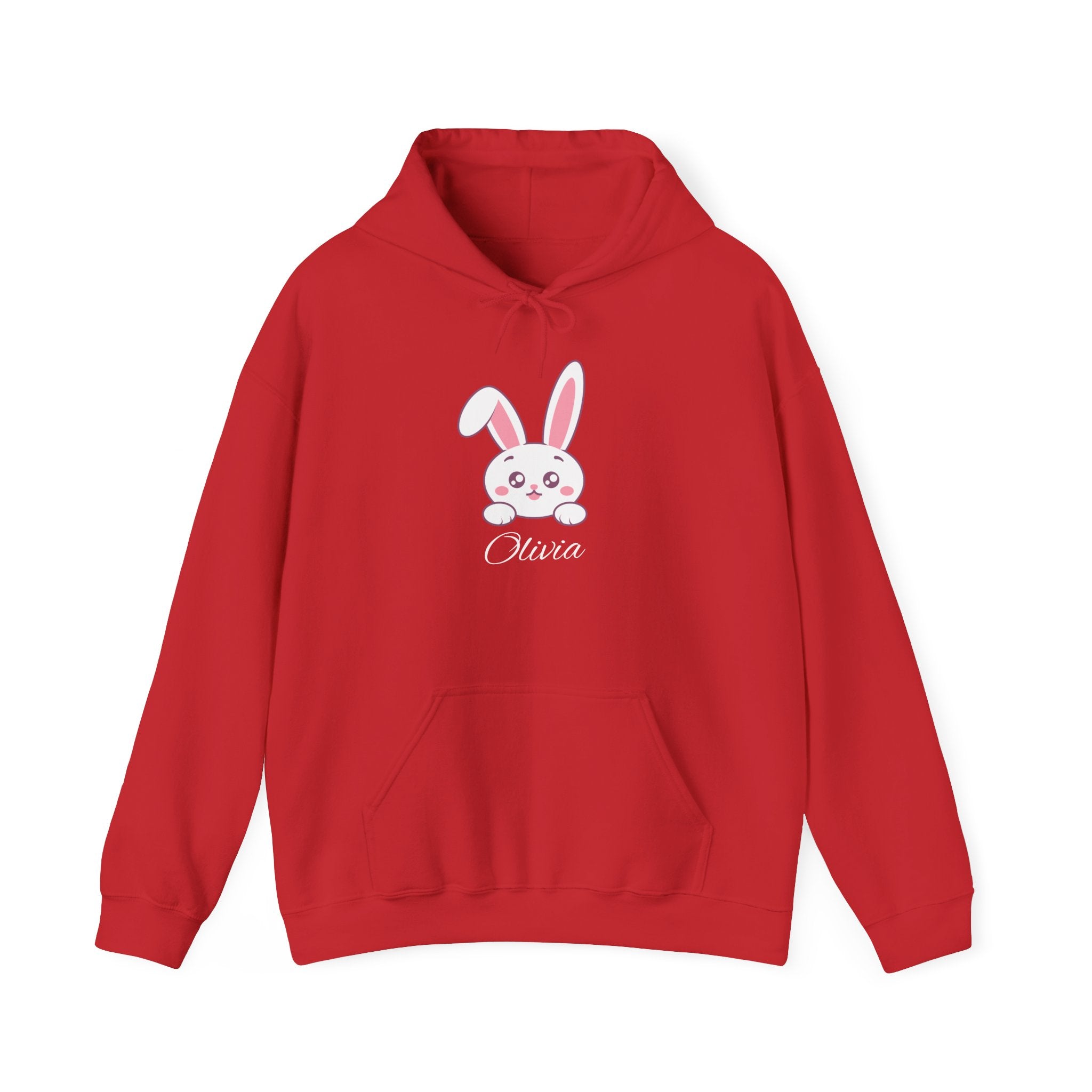 Red hoodie with a white bunny graphic and 'Olivia' text on a white background