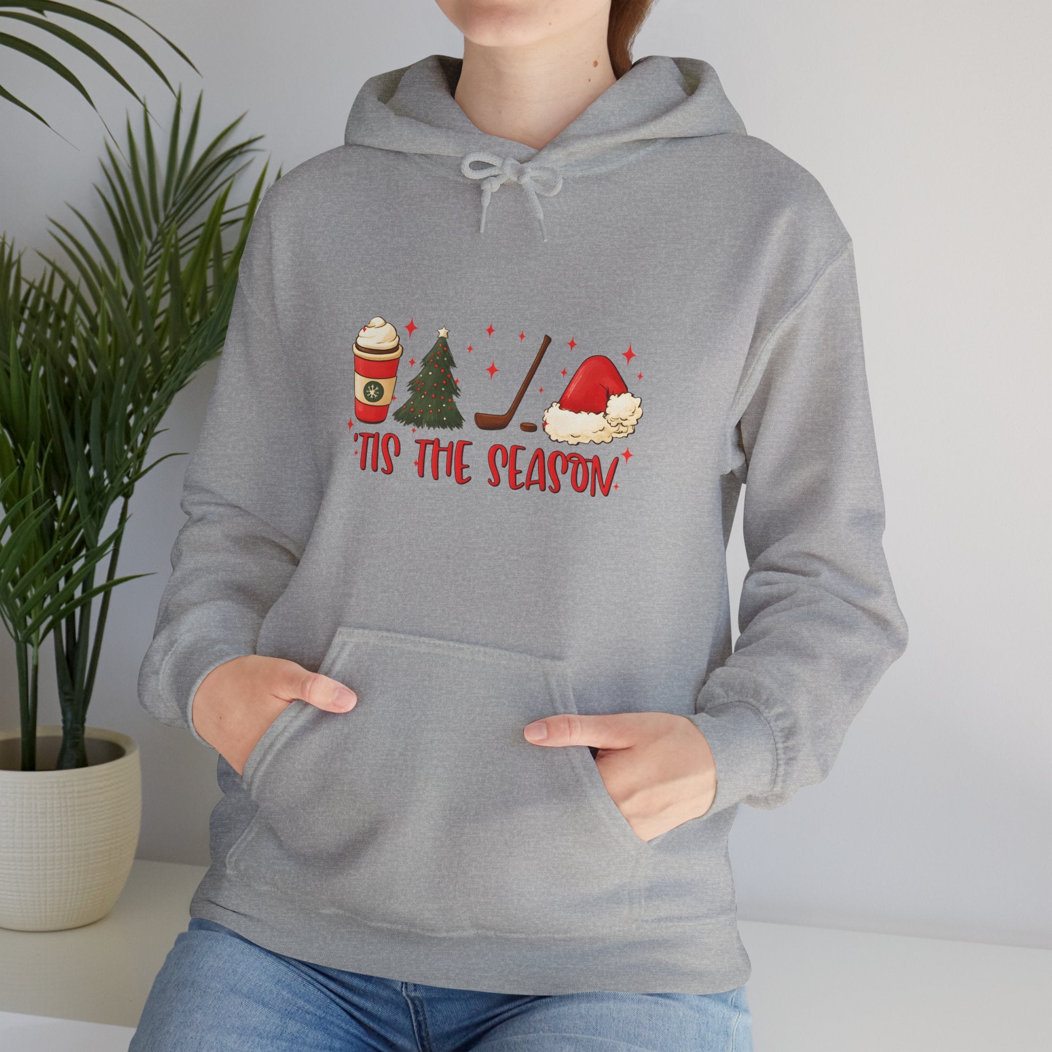 Tis The Season Holiday Hoodie – Christmas Icons (Coffee, Tree, Santa Hat)
