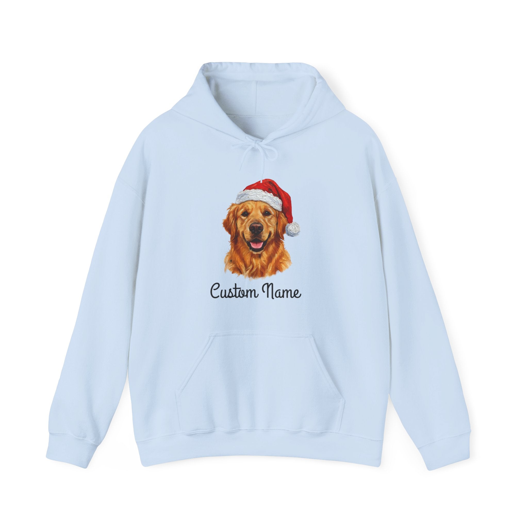 Light blue hoodie with a dog wearing a Santa hat and 'Custom Name' text on a white background