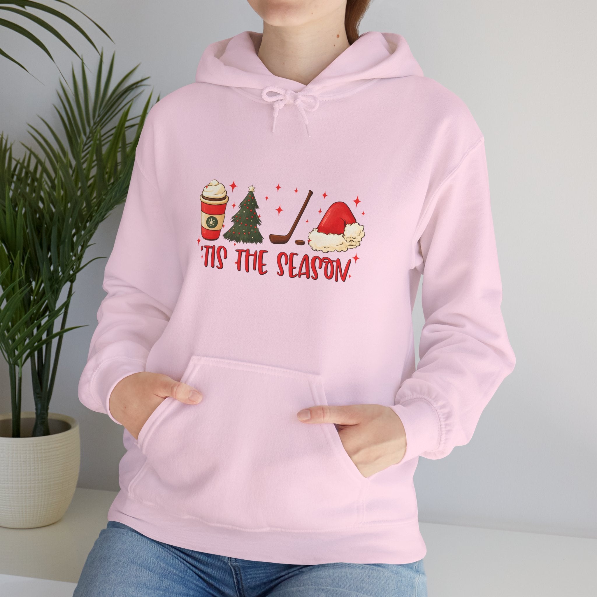 Tis The Season Holiday Hoodie – Christmas Icons (Coffee, Tree, Santa Hat)
