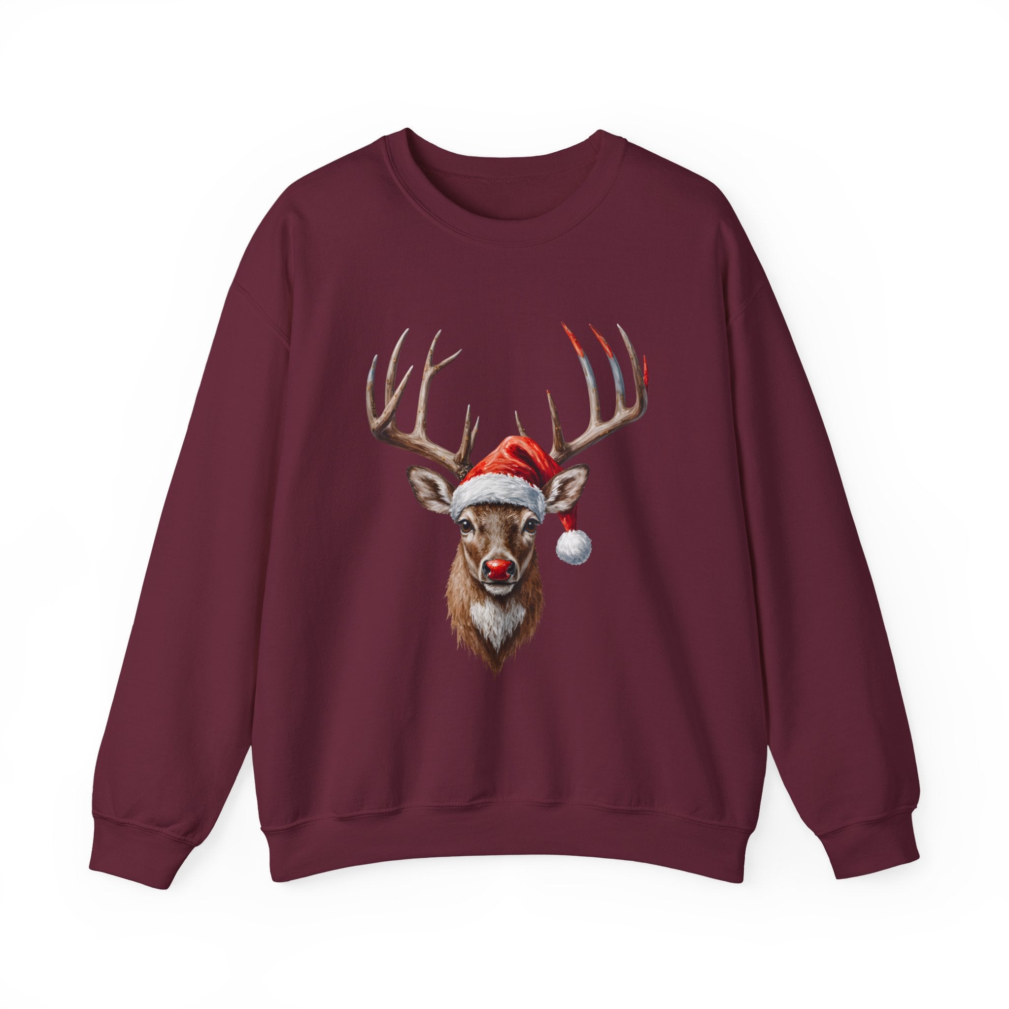 Christmas Reindeer Crewneck Sweatshirt – Santa Hat & Red Nose Holiday Sweater