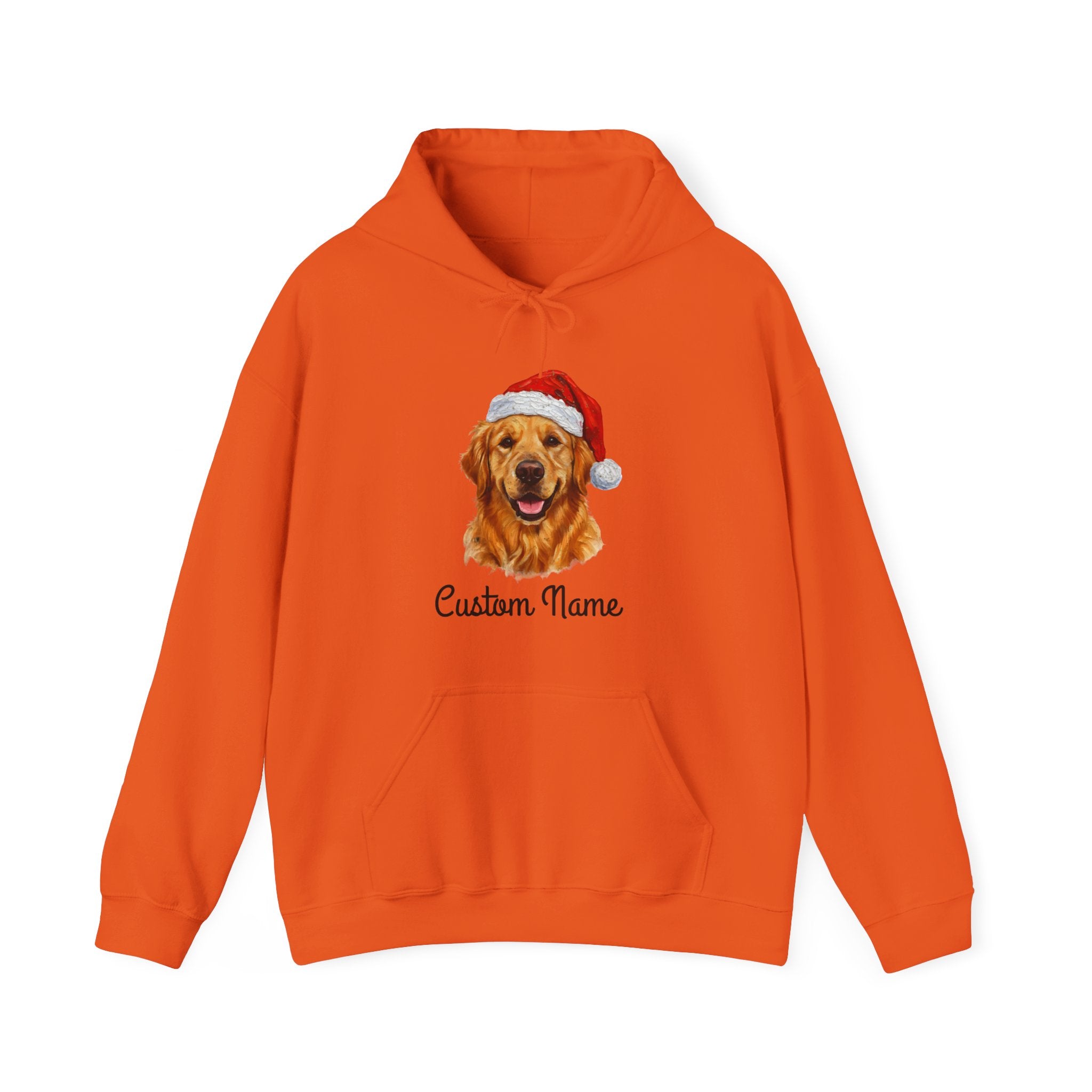 Orange hoodie with a dog wearing a Santa hat and 'Custom Name' text on a white background