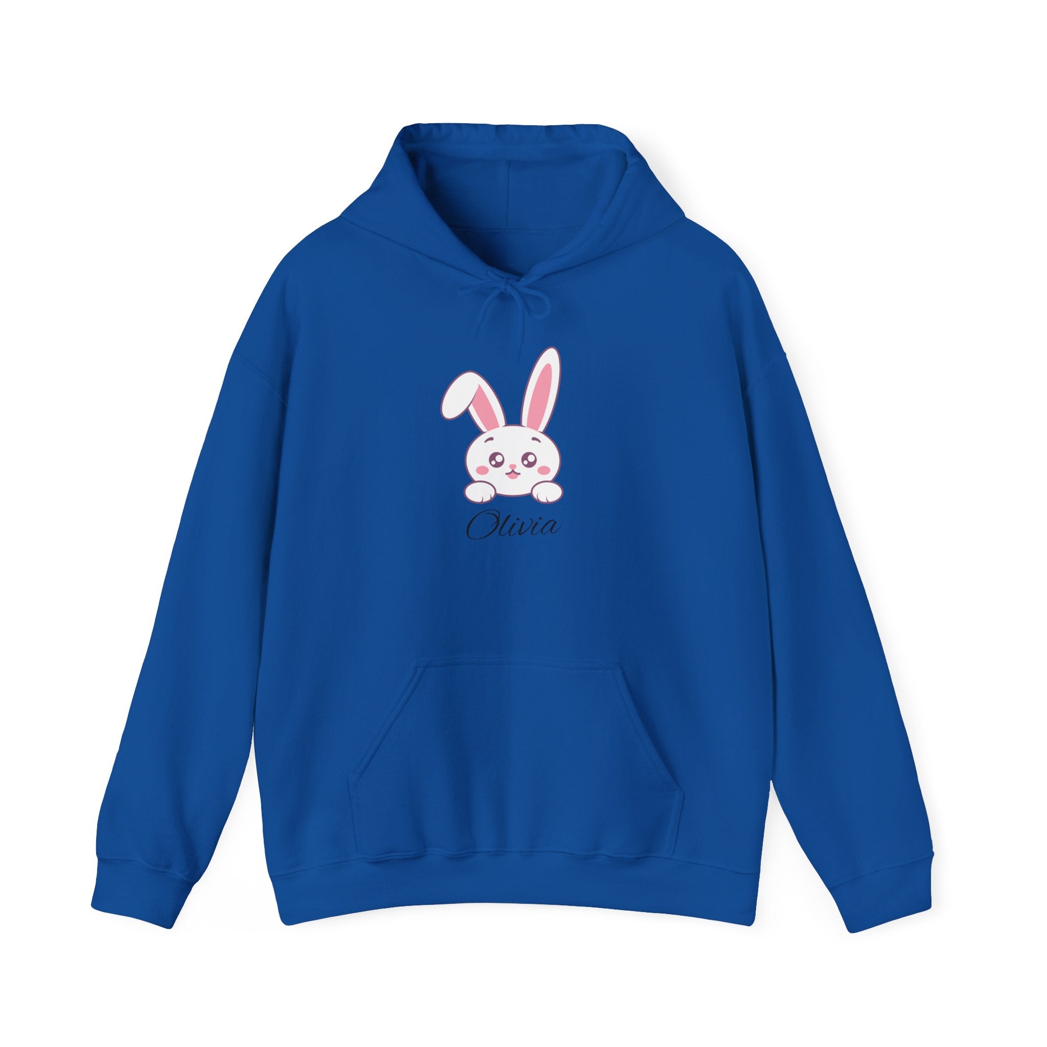 Blue hoodie with a cartoon bunny design on a white background