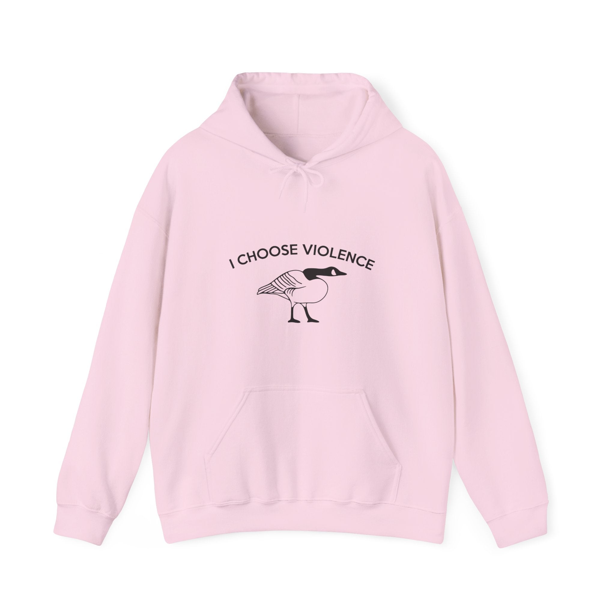 Pink hoodie with text and graphic on a white background