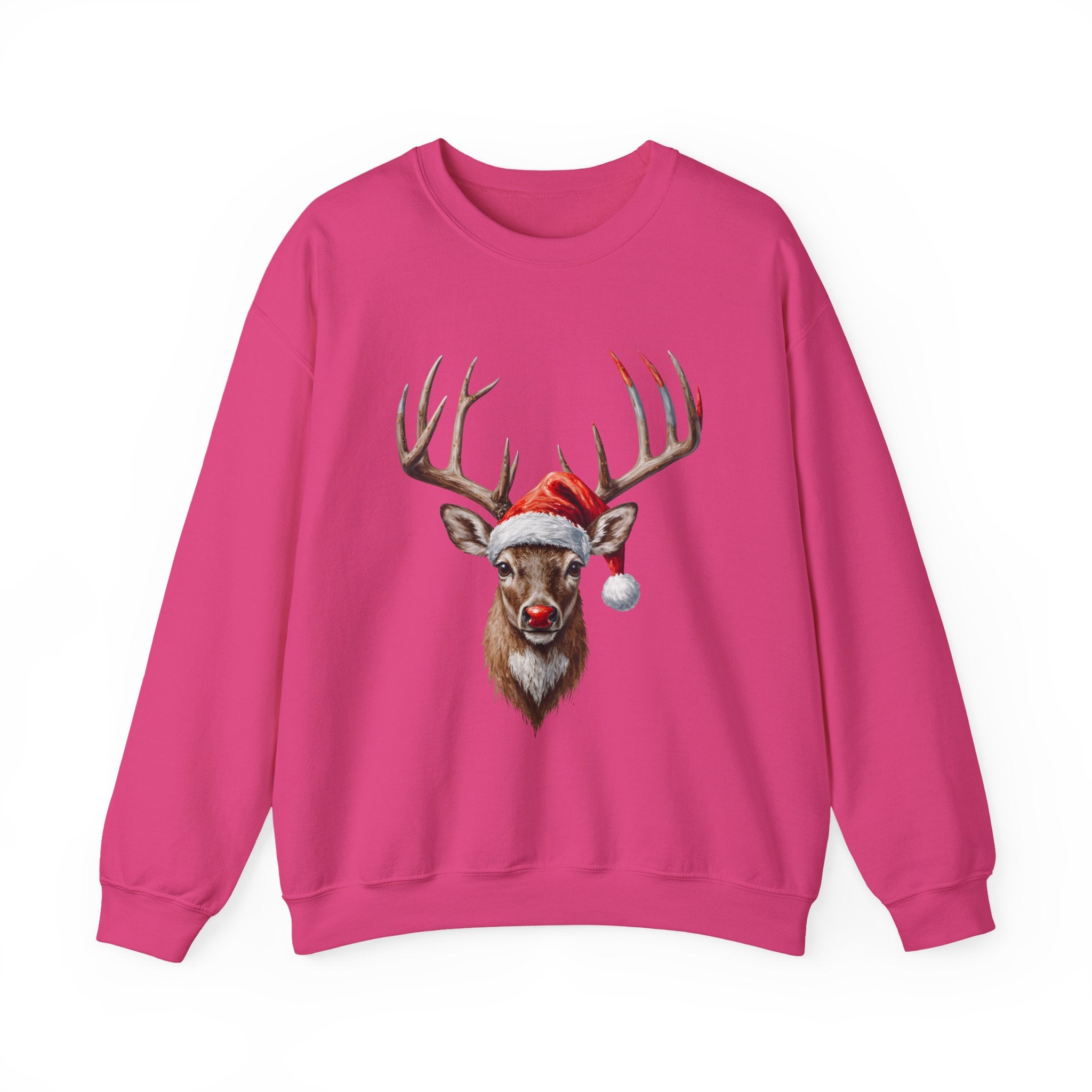 Christmas Reindeer Crewneck Sweatshirt – Santa Hat & Red Nose Holiday Sweater