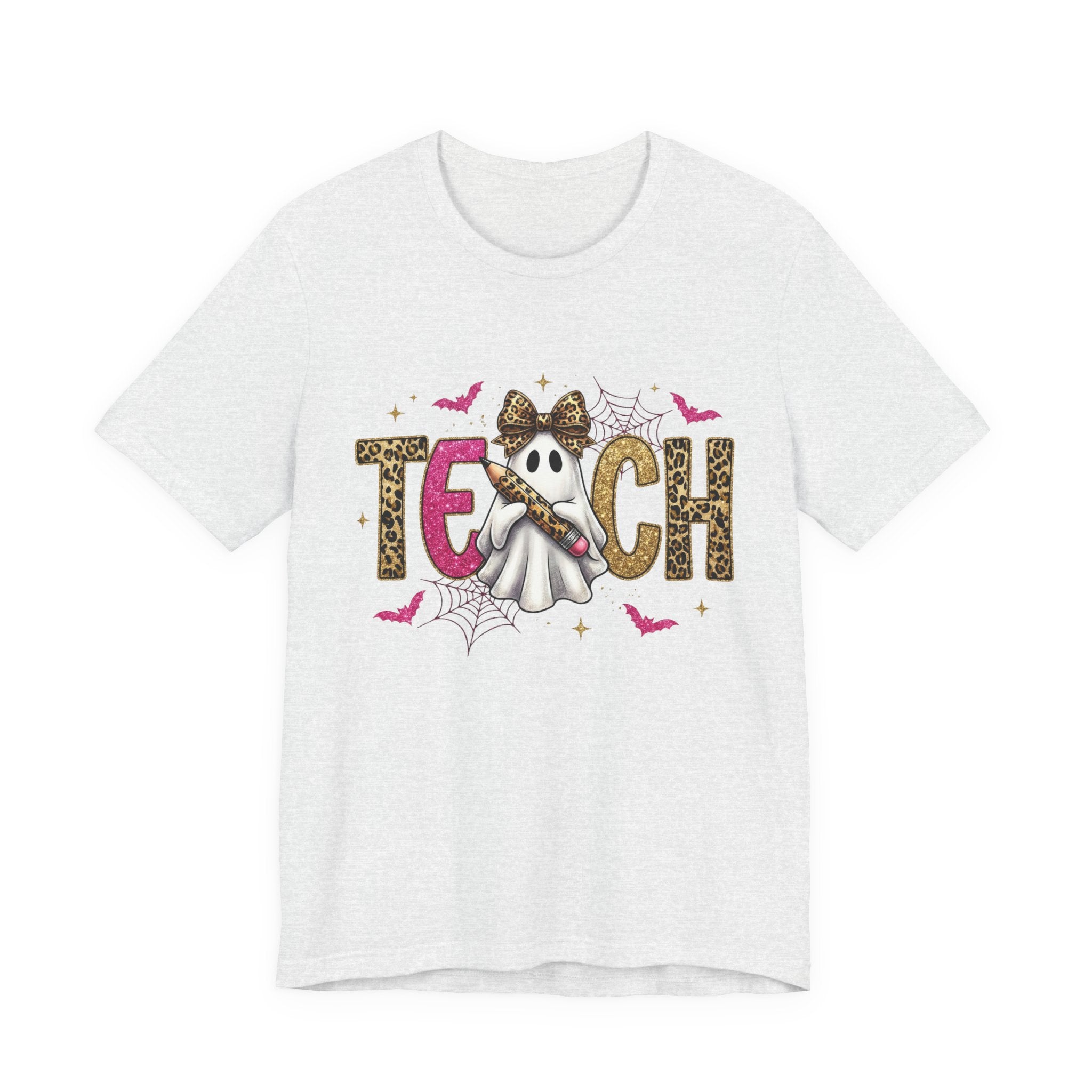 White t-shirt with Halloween-themed design featuring a skeleton, bow, and text on a white background