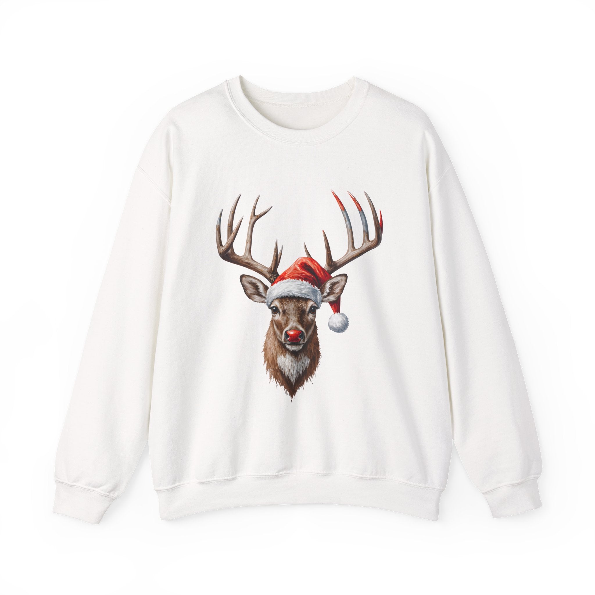 Christmas Reindeer Crewneck Sweatshirt – Santa Hat & Red Nose Holiday Sweater