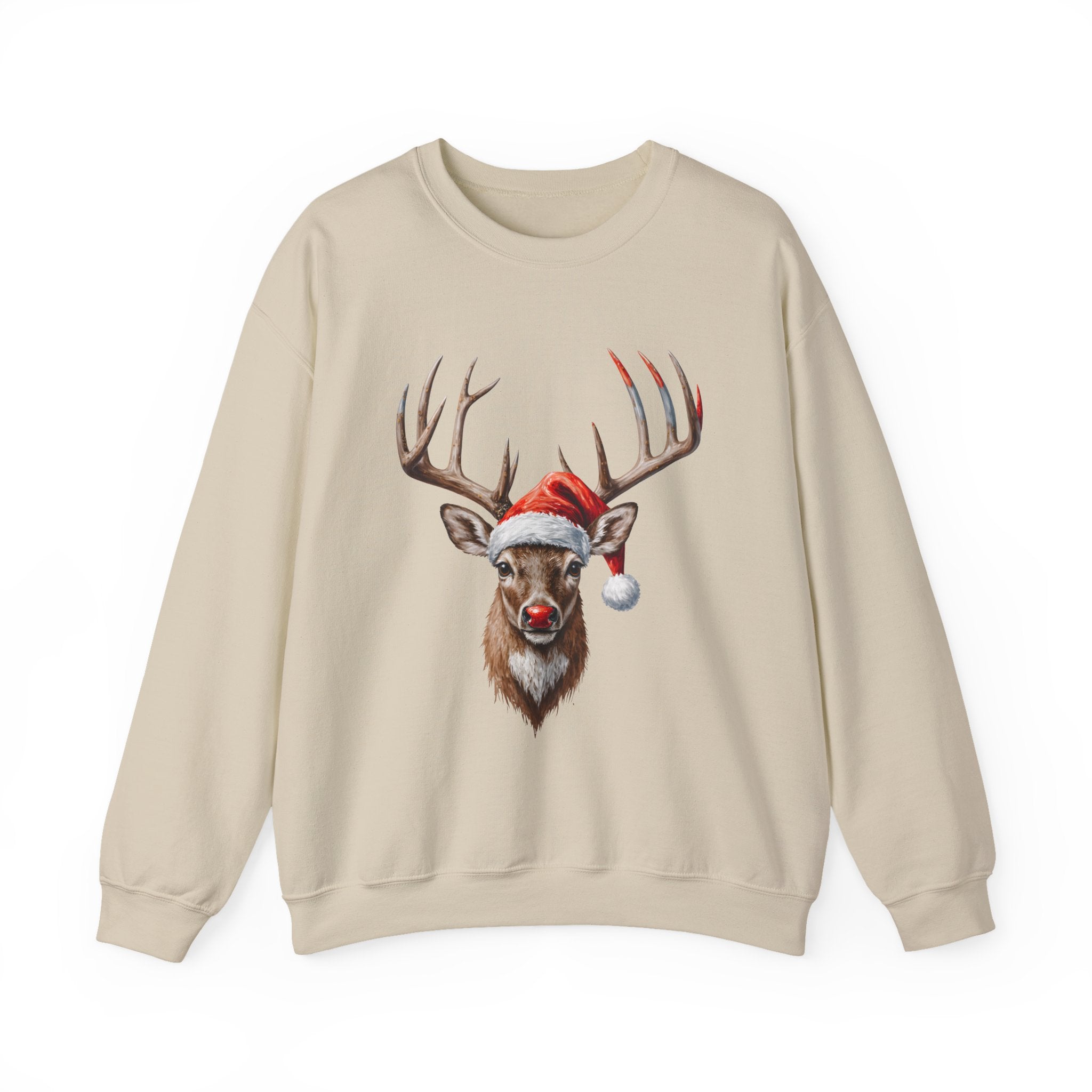Christmas Reindeer Crewneck Sweatshirt – Santa Hat & Red Nose Holiday Sweater
