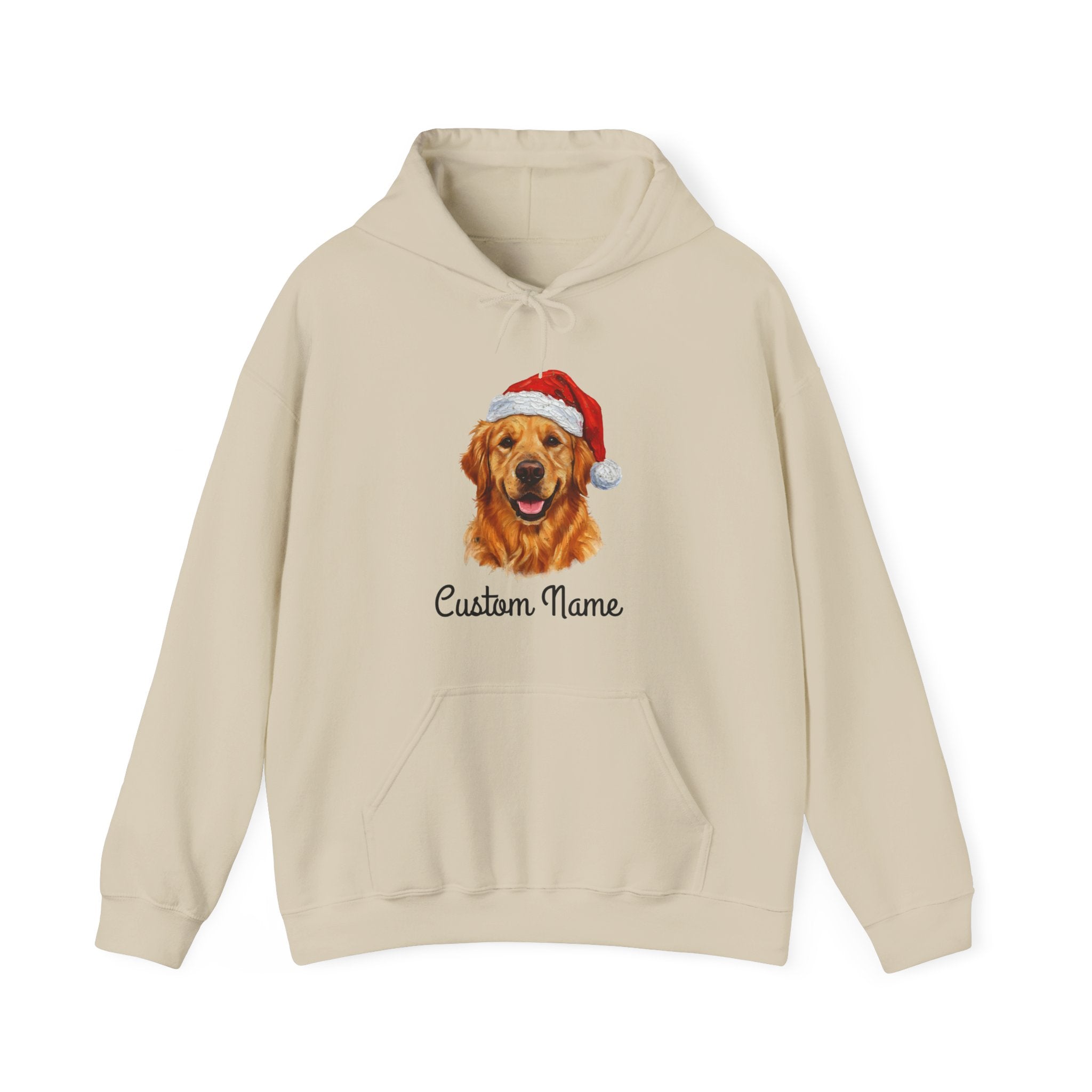 Beige hoodie with a dog wearing a Santa hat and 'Custom Name' text on a white background