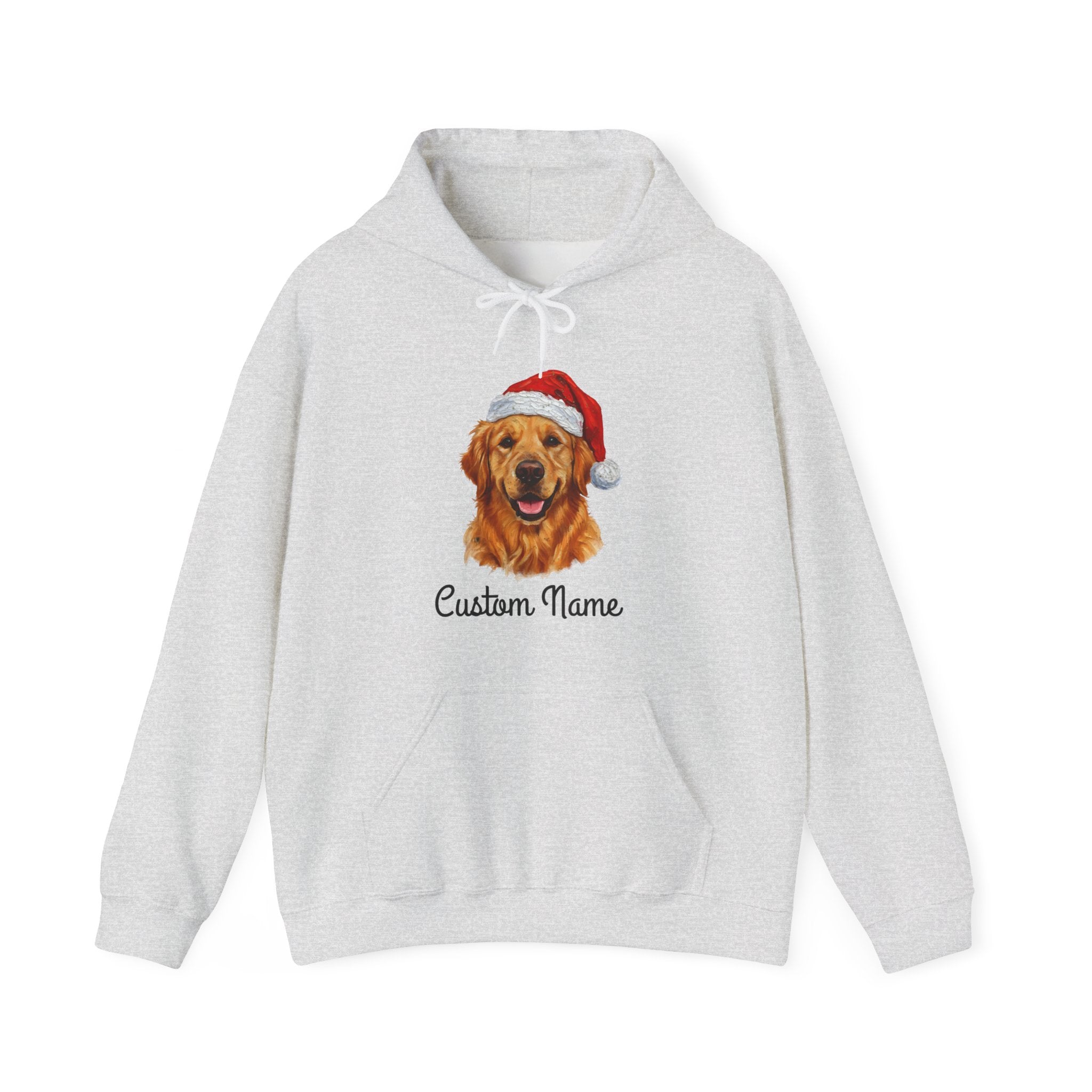 Gray hoodie with a dog wearing a Santa hat and 'Custom Name' text on a white background