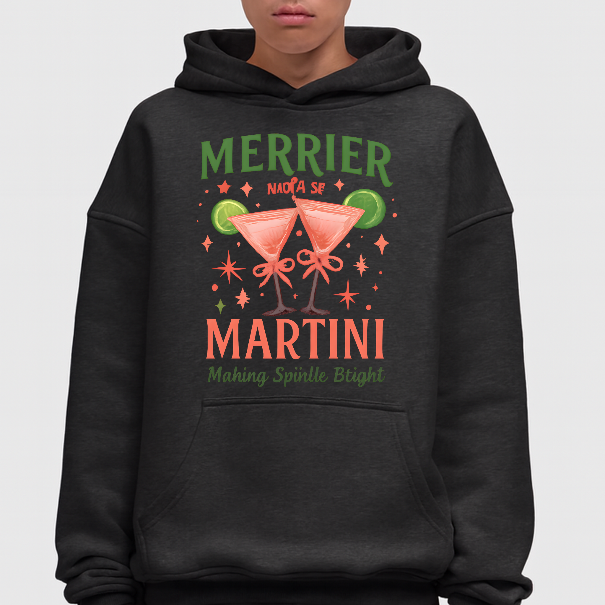 Merrier Martini Hoodie – Unisex Premium Holiday Pullover with Festive Cocktail Design