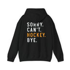 Black hoodie with text 'SORRY. CAN'T. HOCKEY. BYE.' on the back against a white background